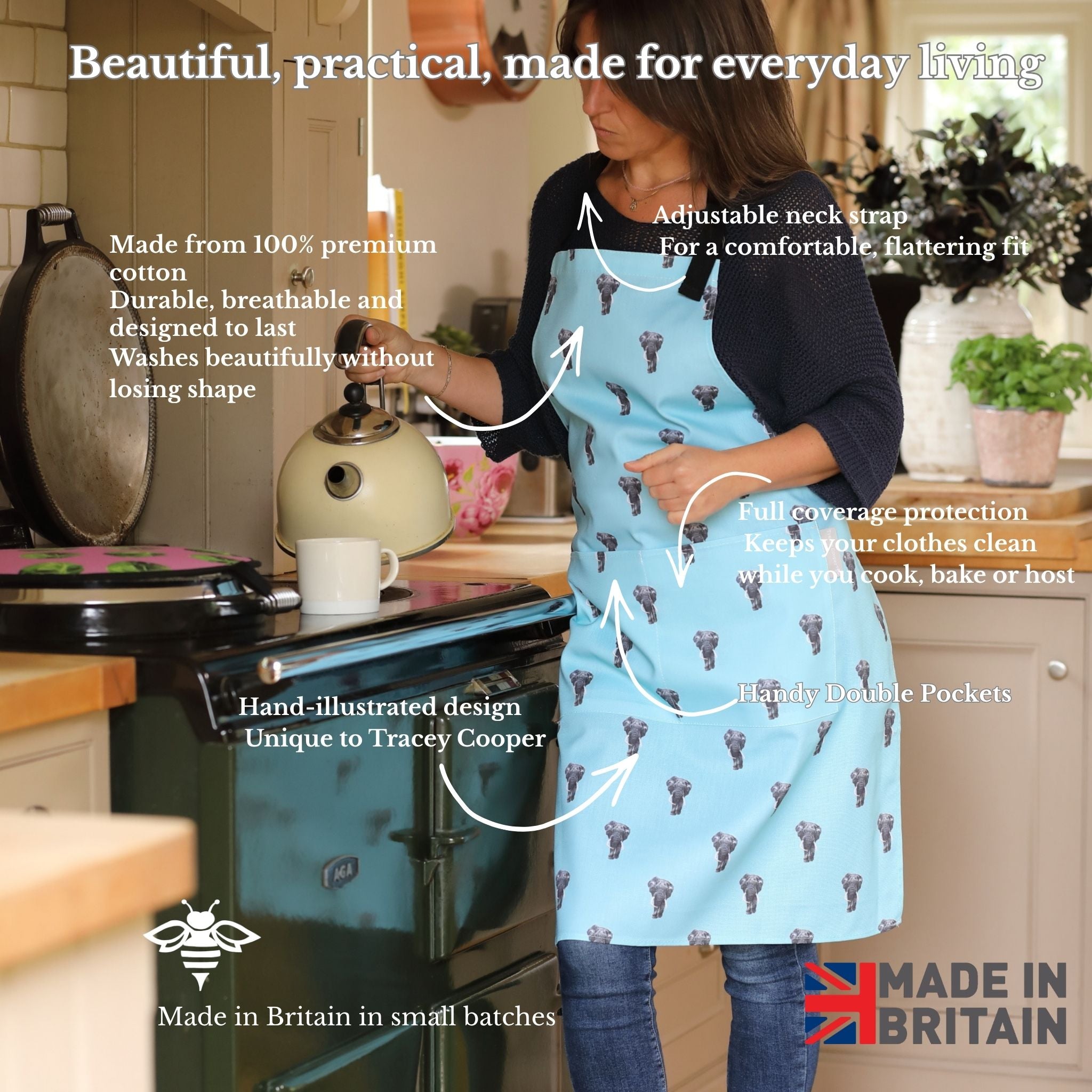 Hand-illustrated Elephant Apron by Tracey Cooper — 100% cotton, printed in the UK, featuring a detailed Elephant design on blue with pockets.