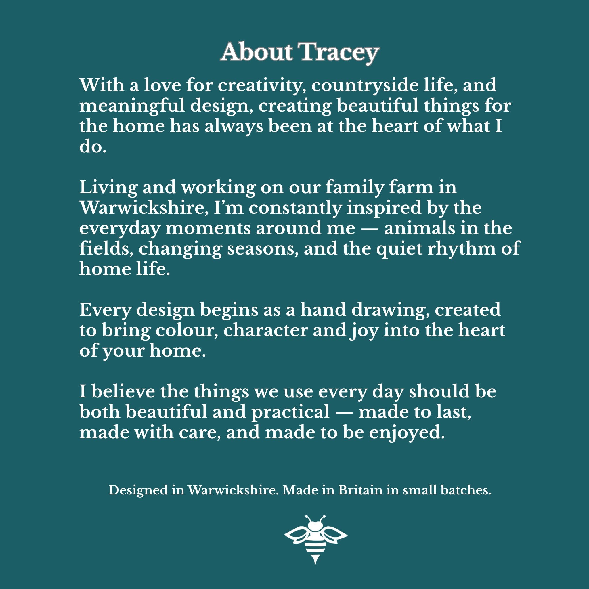 Text about Tracey's design philosophy on a teal background