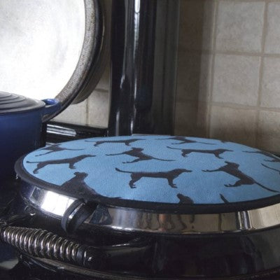 Hand-illustrated Black Labrador Aga hob cover with padded cotton backing