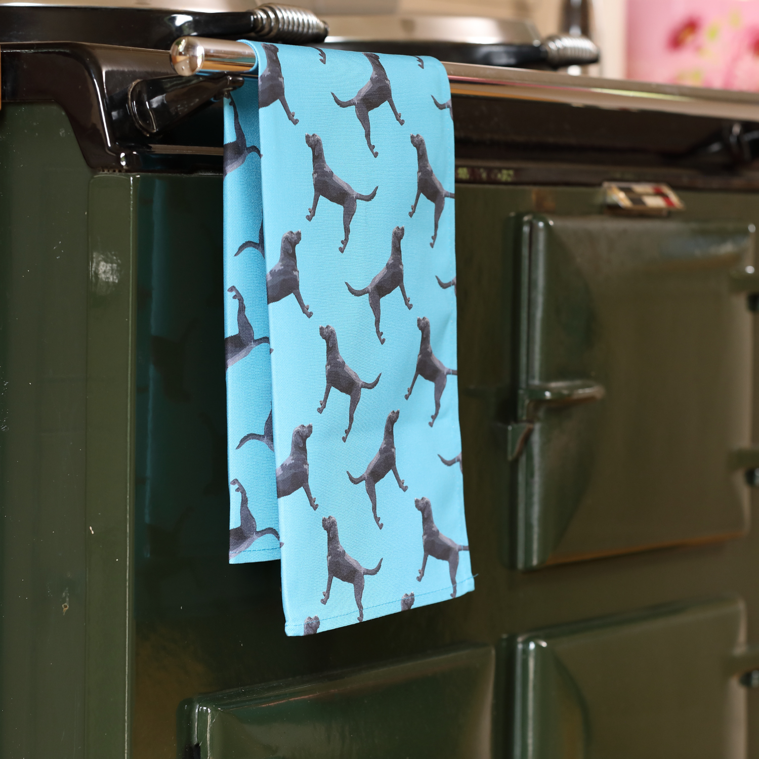 Hand-illustrated Black Labrador Tea Towel by Tracey Cooper — inspired by countryside walks, printed in the UK on 100% cotton.