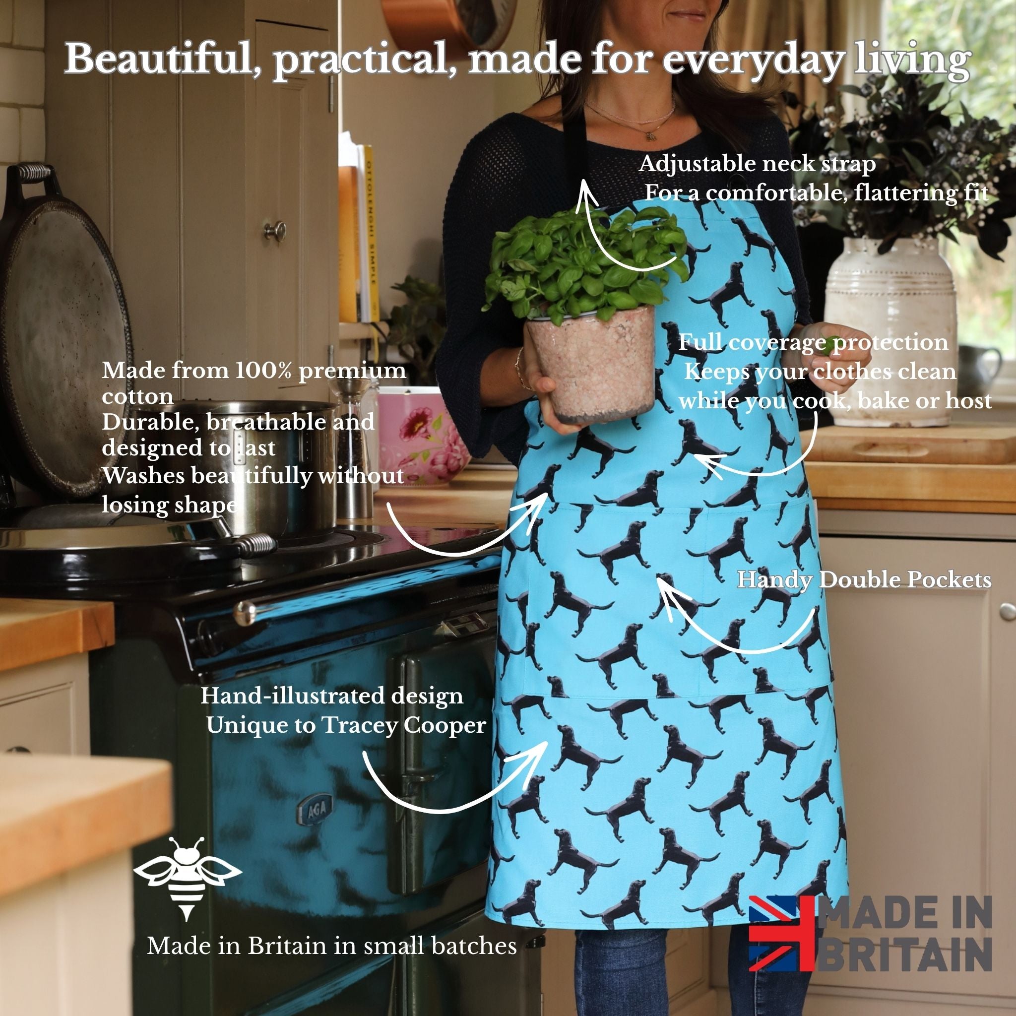 Blue Apron with black labrador design