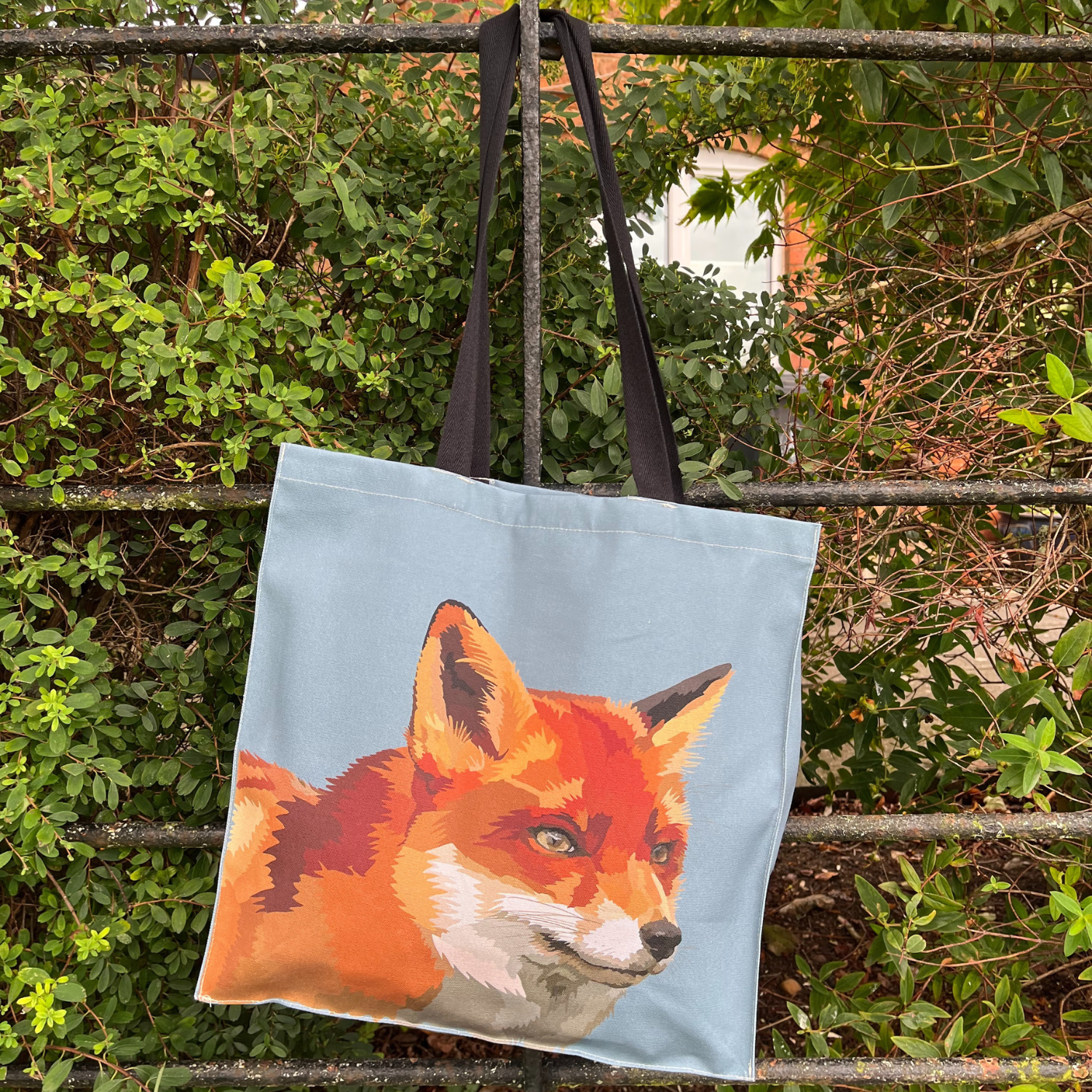 Fox tote bag with hand-illustrated fox on blue background