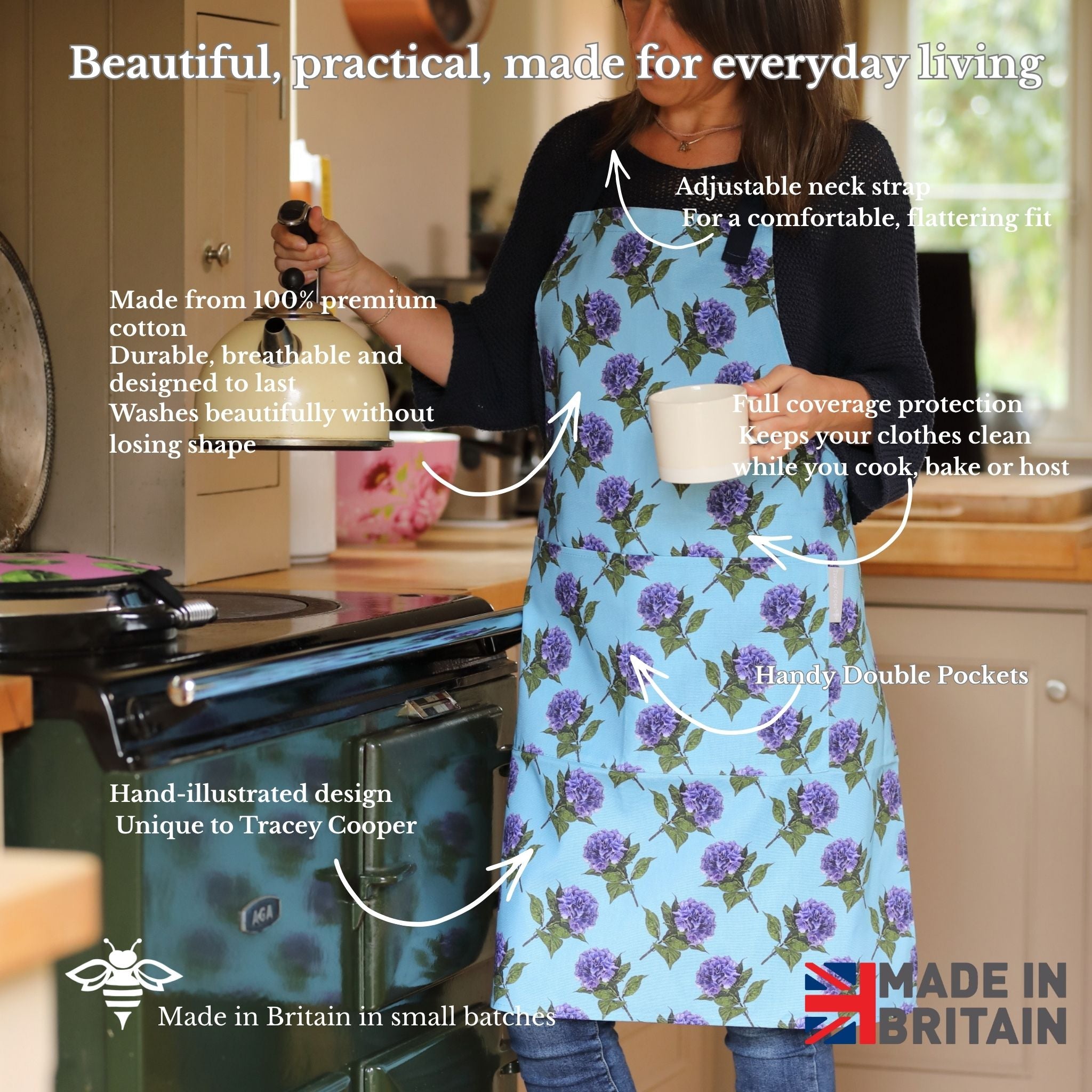 Hand-illustrated Hydrangea Apron by Tracey Cooper — 100% cotton, printed in the UK, featuring a detailed Hydrangea design on blue with pockets.