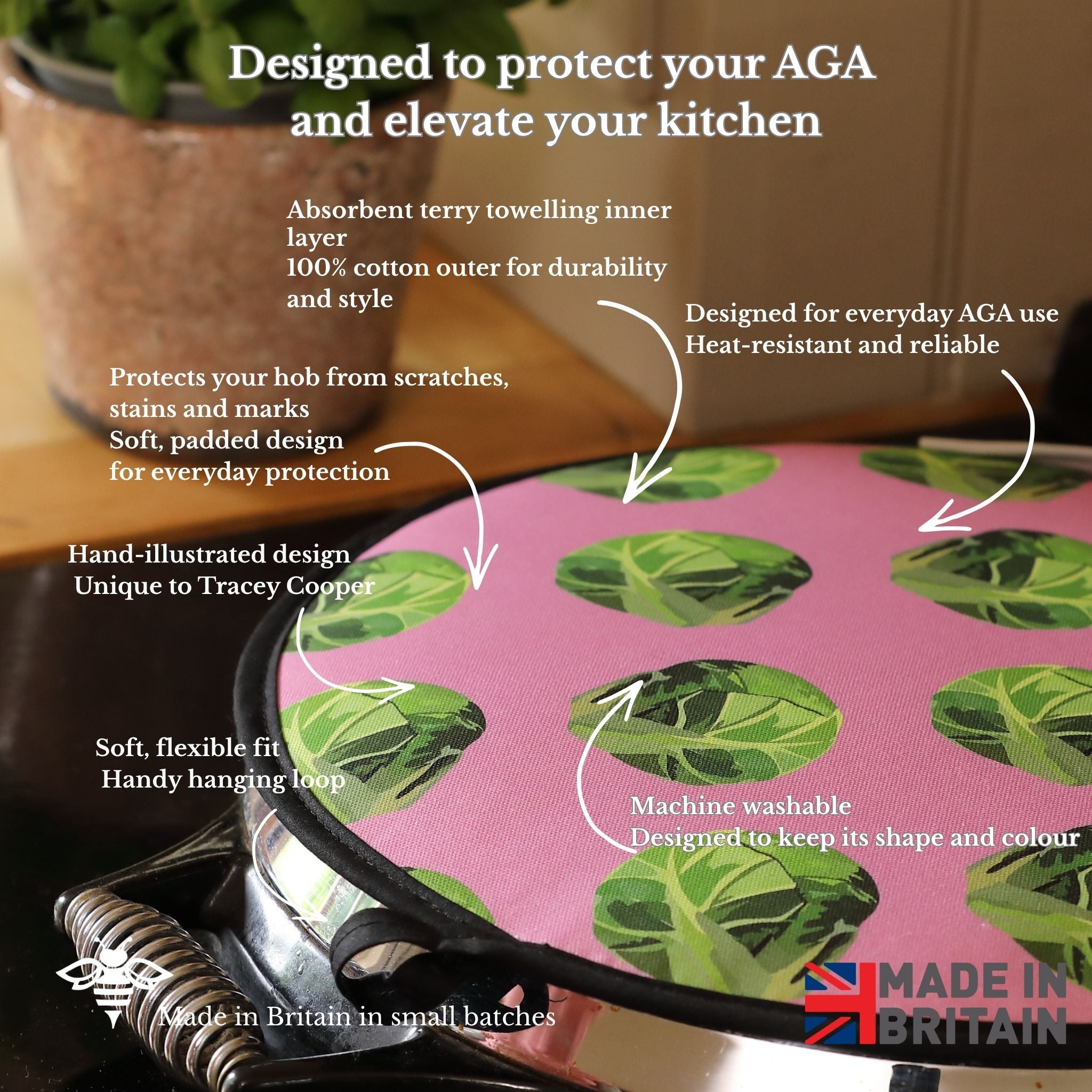 Aga Cover with brussels sprout design on a kitchen counter, featuring text about its features.