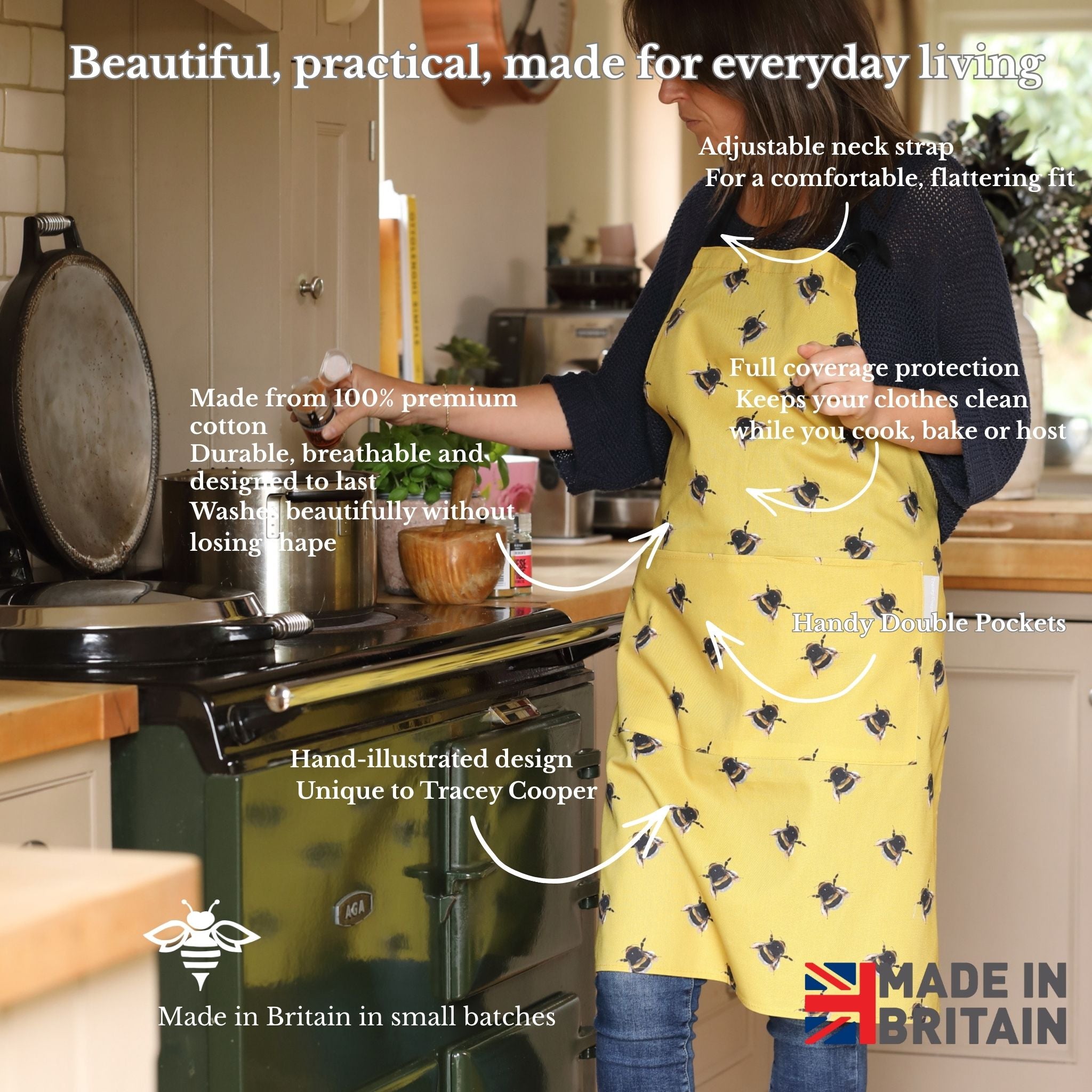 Hand-illustrated Bee Apron by Tracey Cooper — 100% cotton, printed in the UK, featuring a detailed Bee design on yellow with pockets.