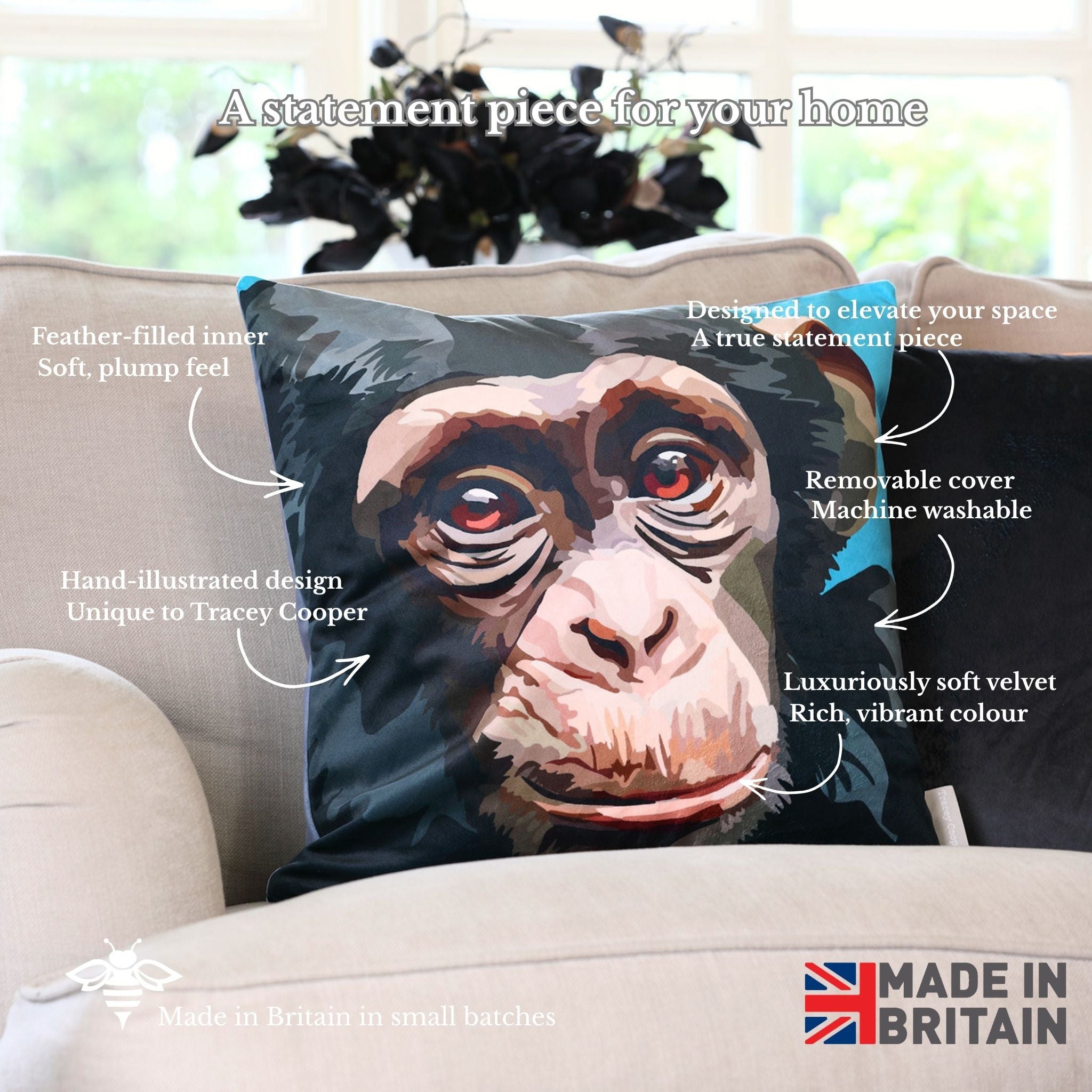 Decorative pillow with a chimpanzee design on a sofa, featuring text about its features.