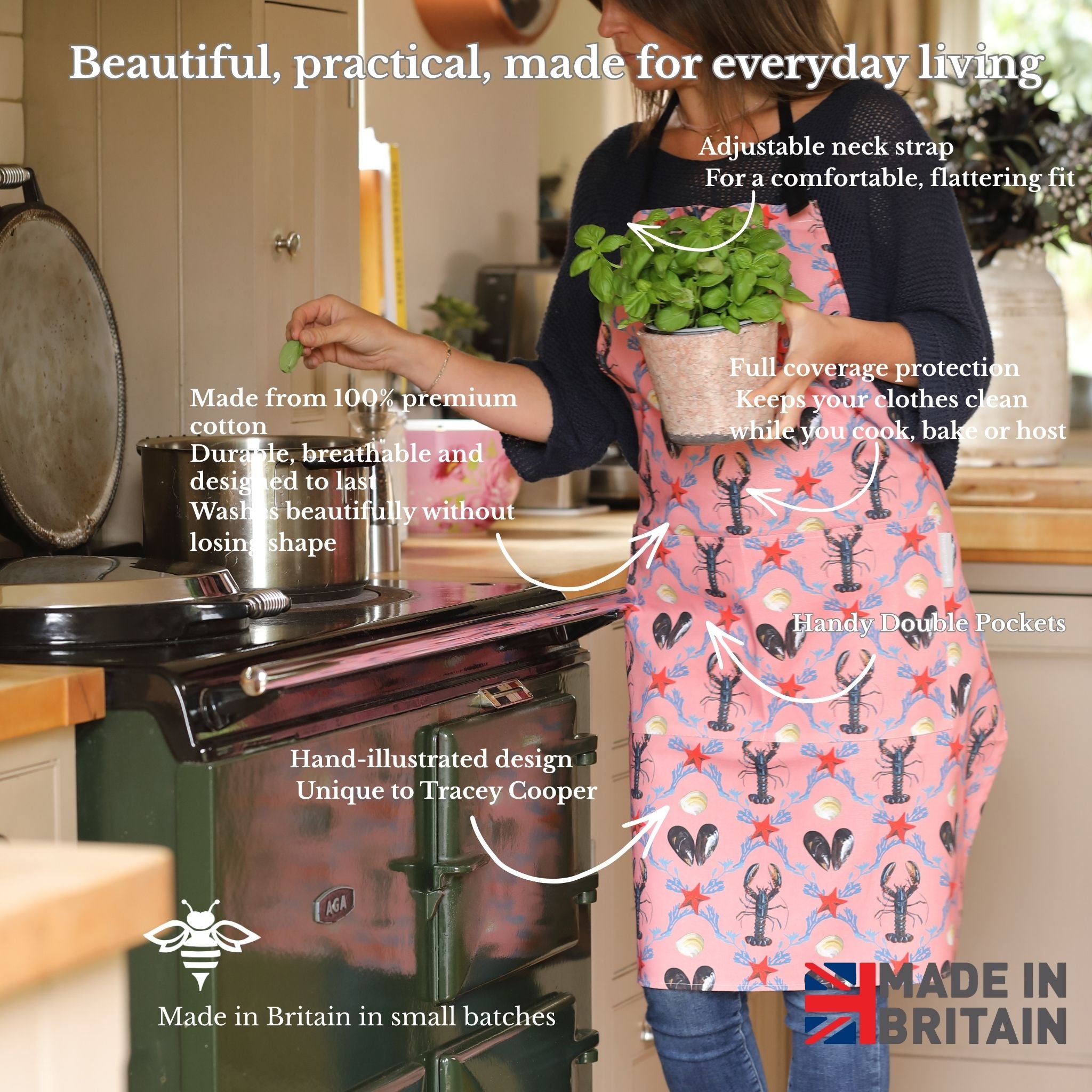 Hand-illustrated Lobster Costal themed Apron by Tracey Cooper — 100% cotton, printed in the UK, featuring a detailed lobster and star fish design on pink with pockets.