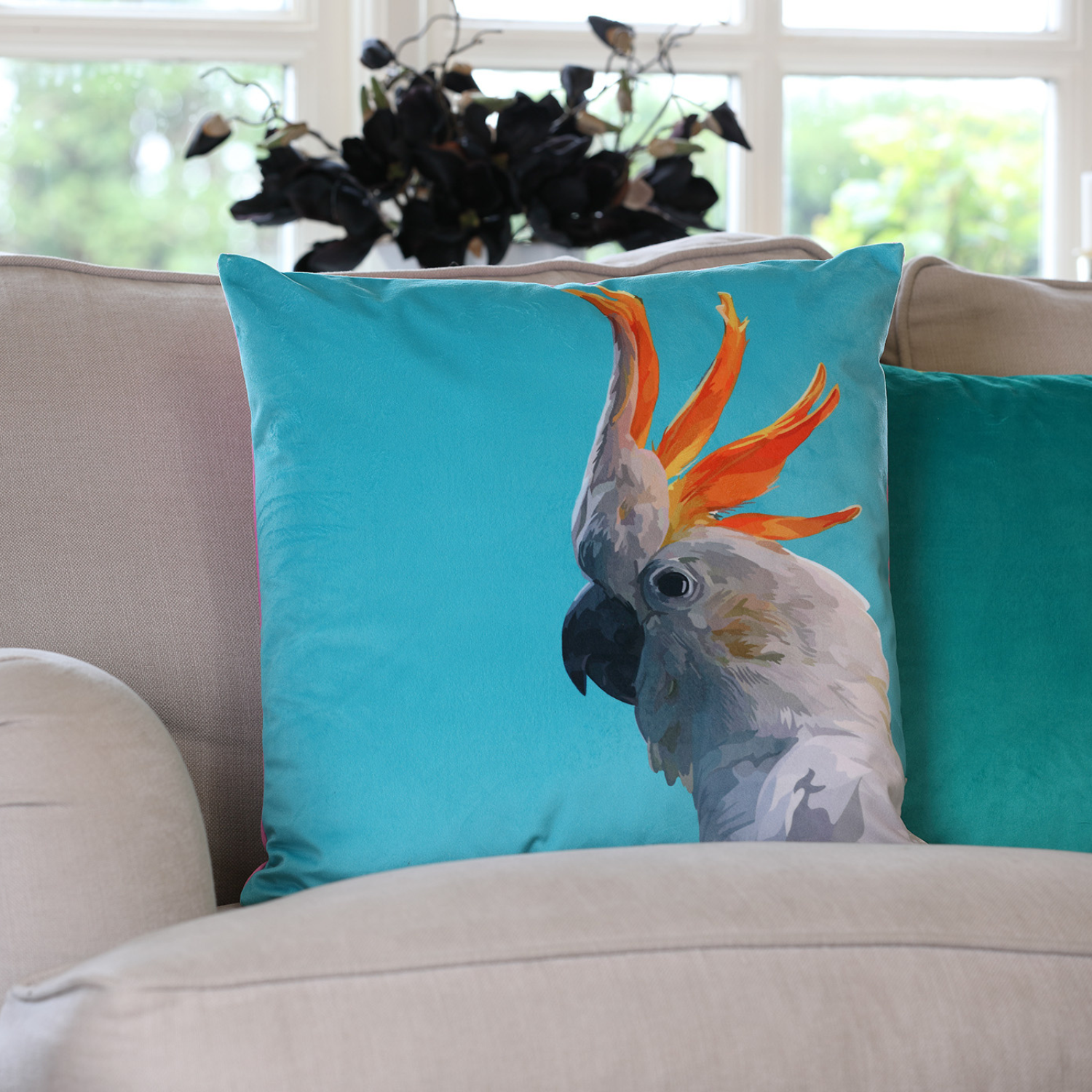 Cockatoo velvet cushion with hand-illustrated bird design by Tracey Cooper Homeware