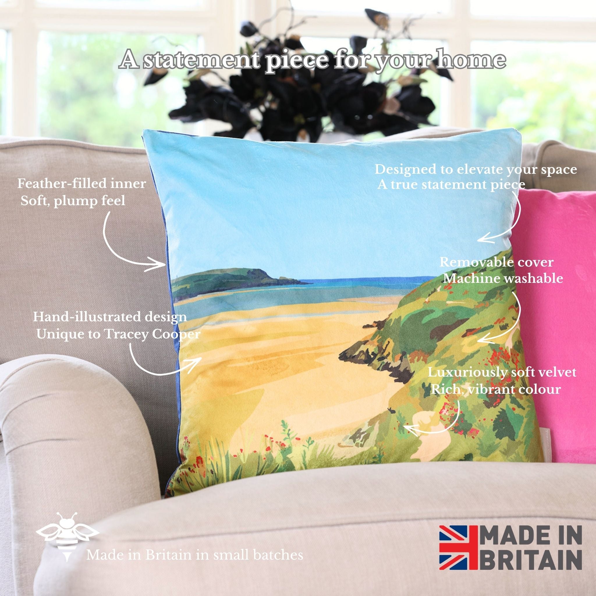 Decorative pillow with a scenic design on a sofa, featuring text about the product's features.