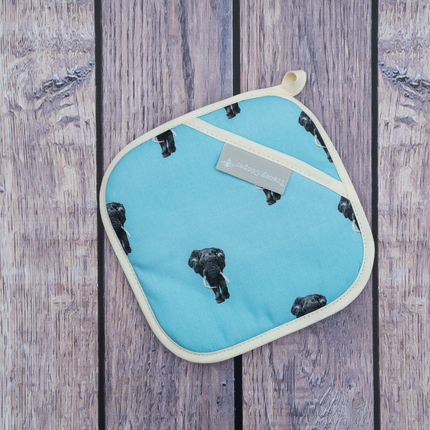 Hand illustrated bull elephant pot grab blue background