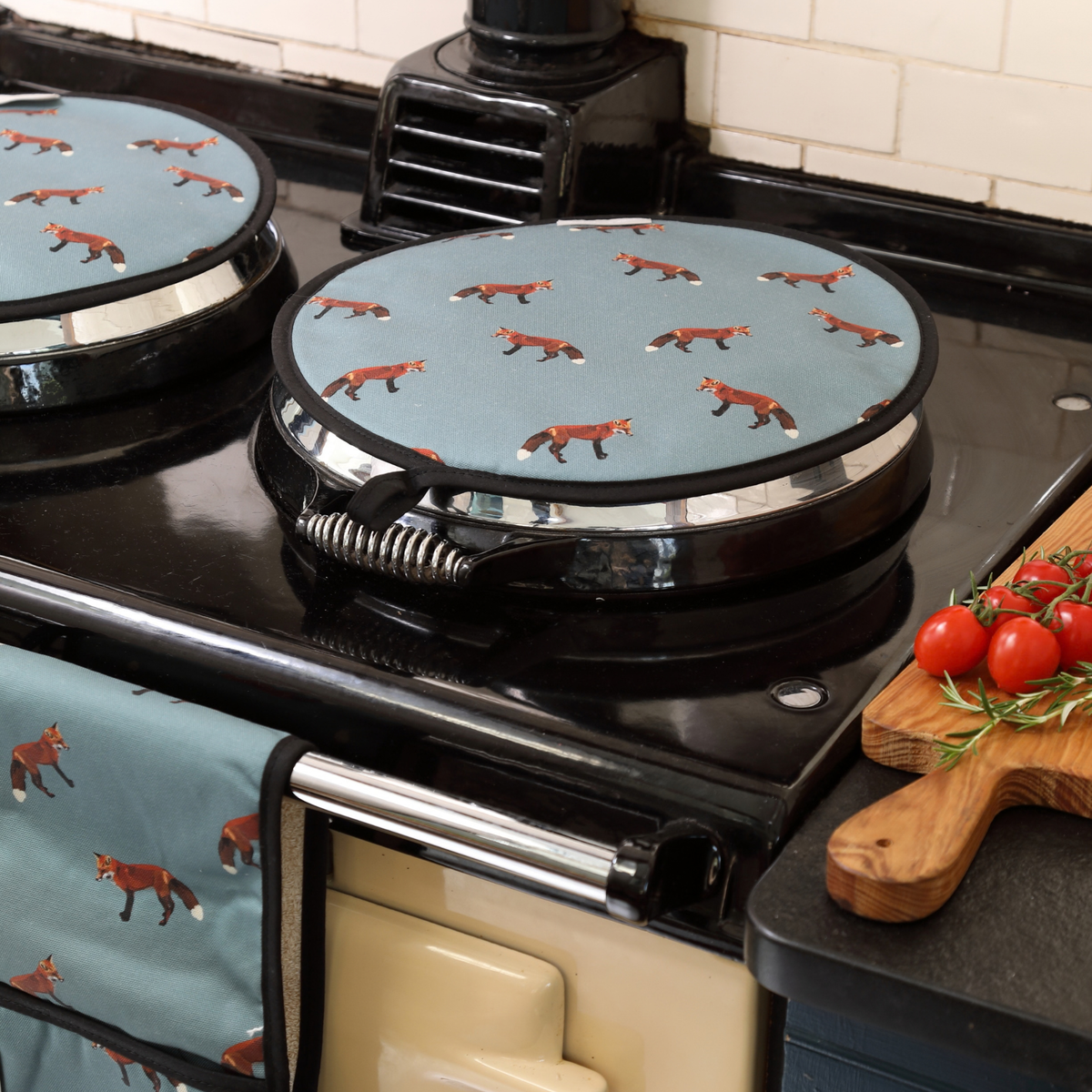 Fox Aga Hob Cover on AGA with cherry tomatoes on rustic board