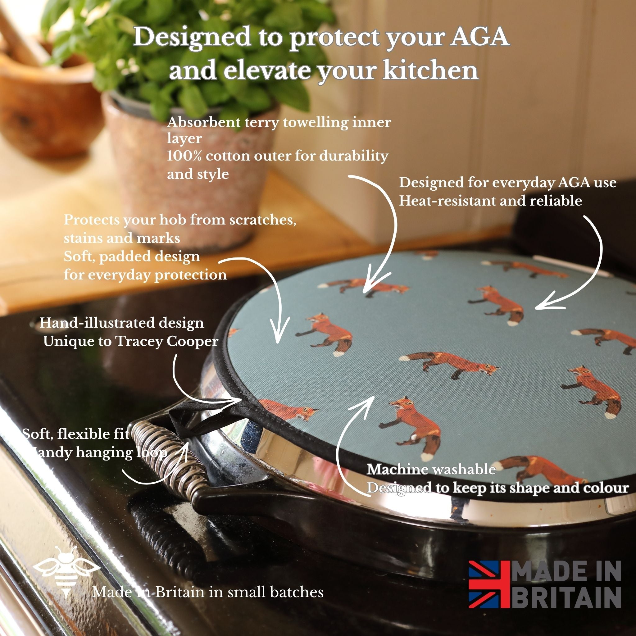 Aga Cover with fox design on an AGA stove, featuring text about its features.