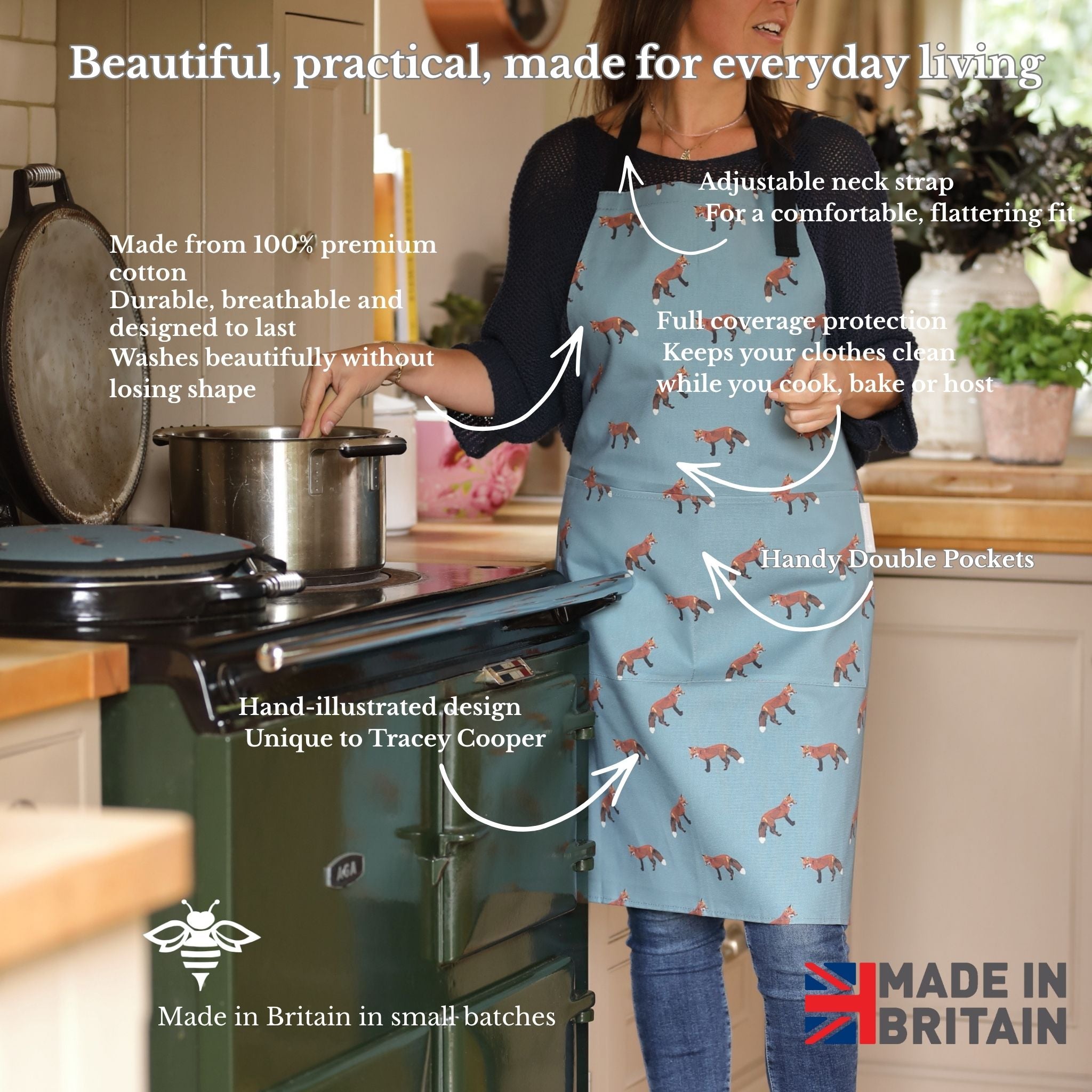 Blue apron with fox design