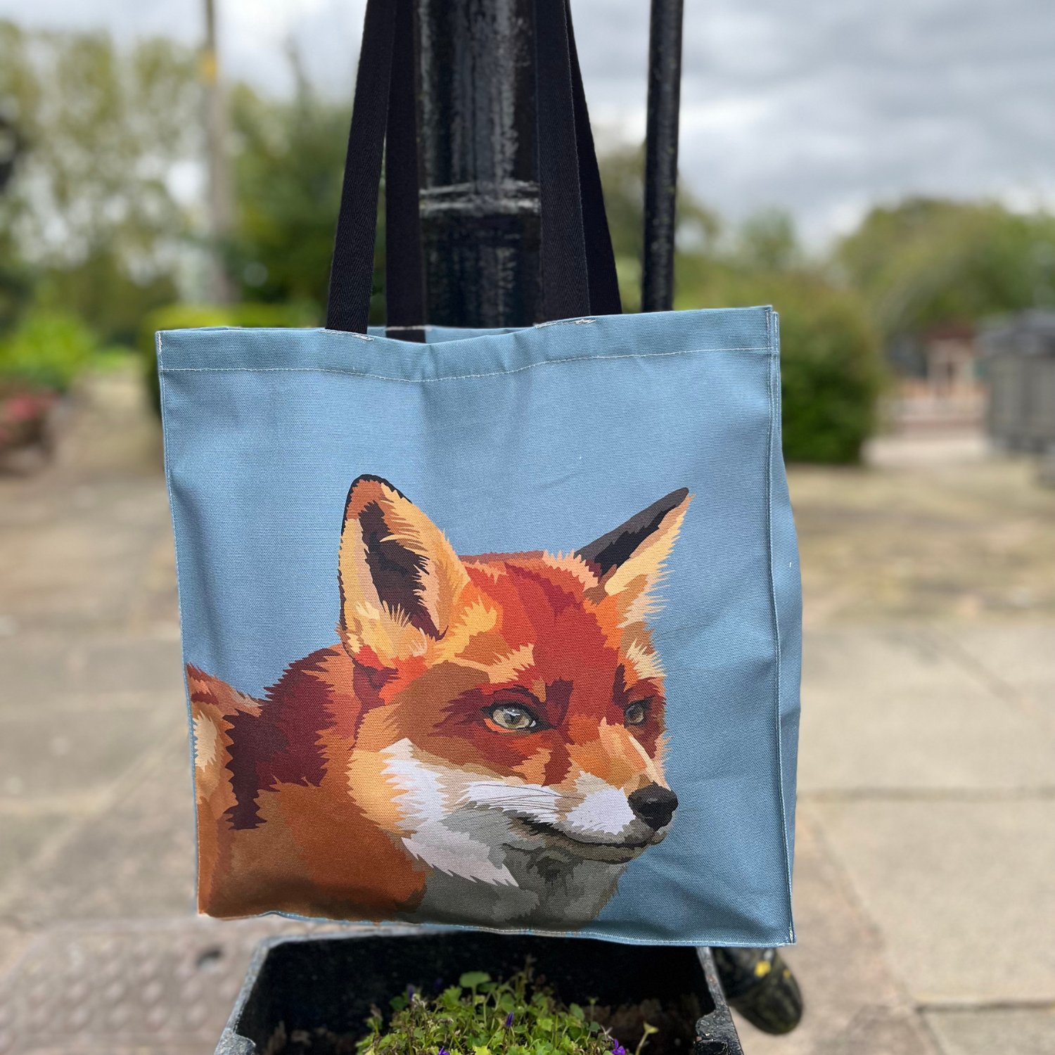 Fox tote bag with hand-illustrated fox on blue background