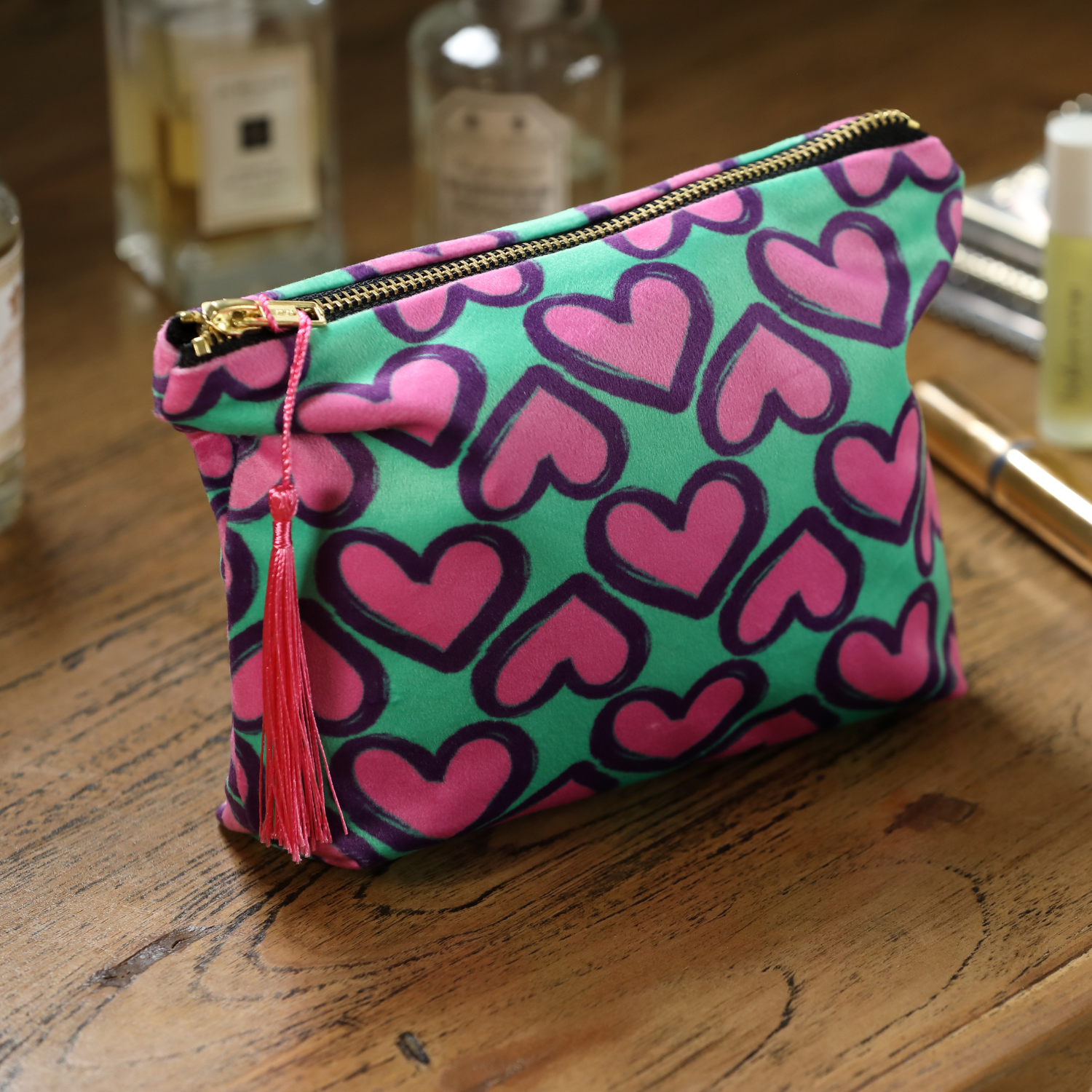 Green Heart Velvet Make Up Bag