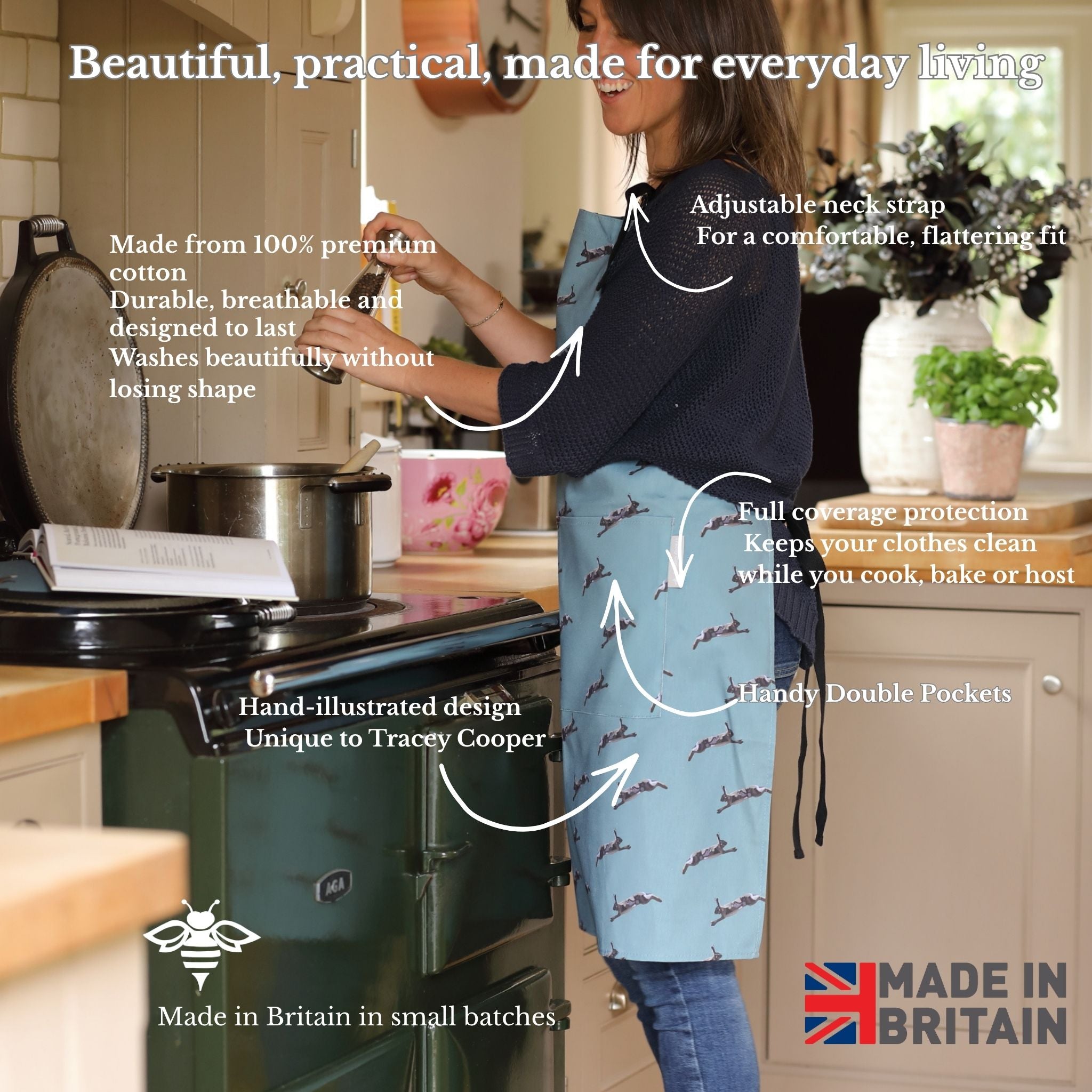 Hand-illustrated Hare Apron by Tracey Cooper — 100% cotton, printed in the UK, featuring a detailed Hare design on blue with pockets.