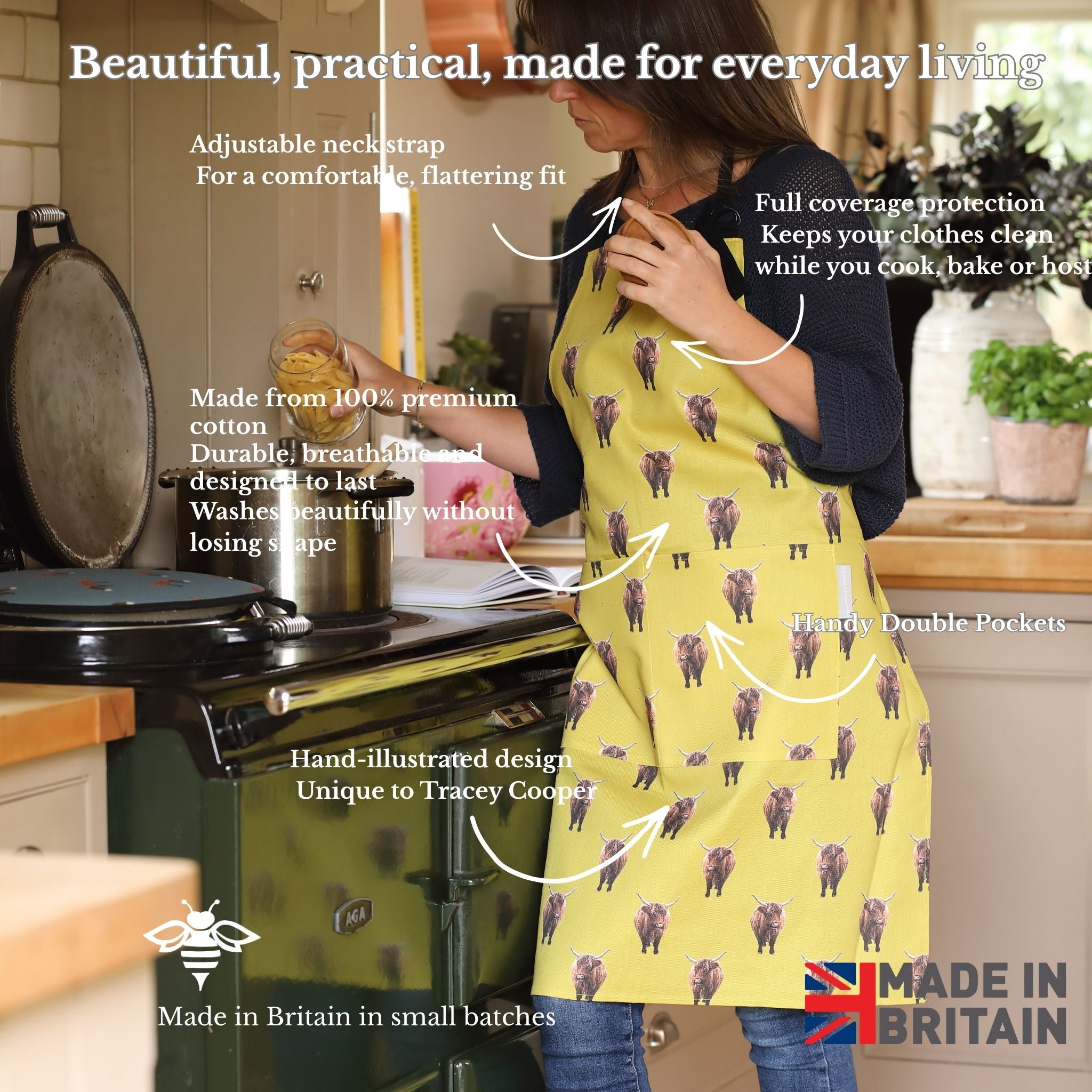 Yellow Apron with a Highland Cow design in a rustic kitchen