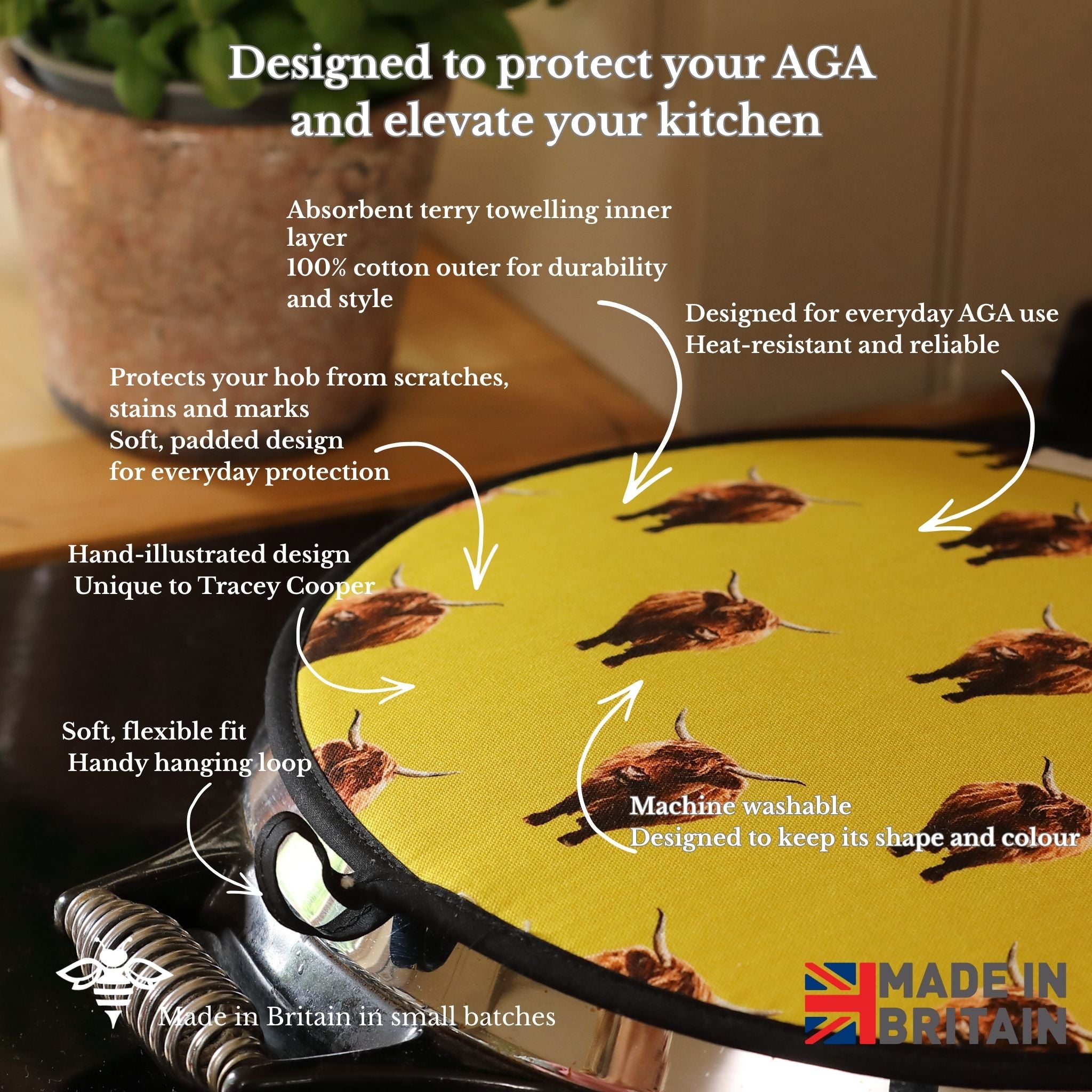 Aga Cover highland cow pattern on AGA, featuring text about product features and 'Made in Britain' label.