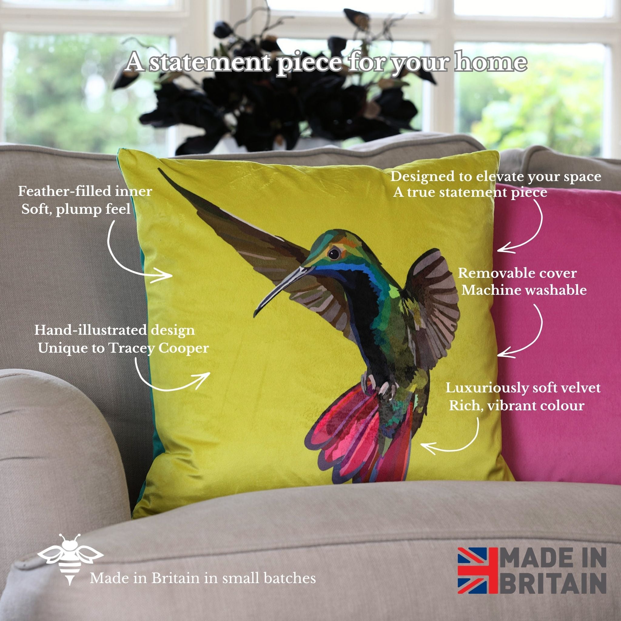 Colorful bird pillow on a sofa with text highlighting features and 'Made in Britain' branding.