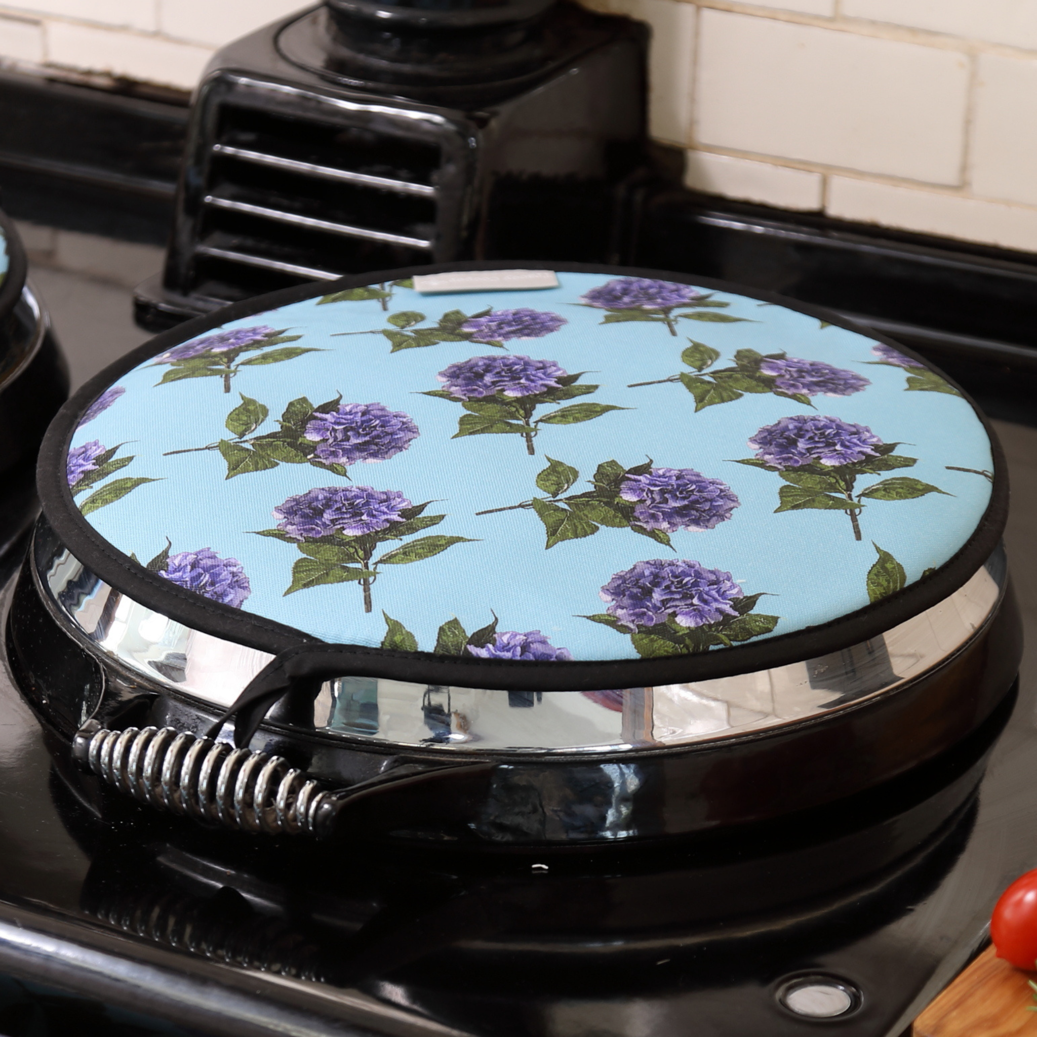 Hand-illustrated blue Hydrangea AGA hob cover by Tracey Cooper