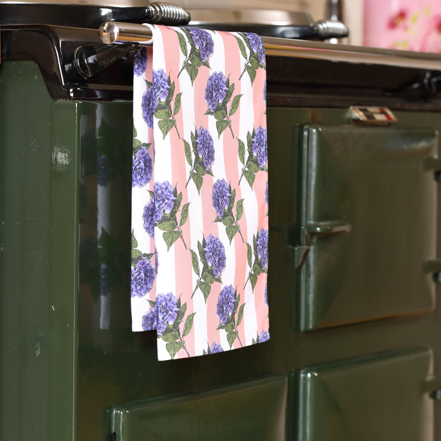 Hand-illustrated Hydrangea Candy Stripe Tea Towel by Tracey Cooper — 100% cotton, printed in the UK, featuring a floral motif with candy stripes.