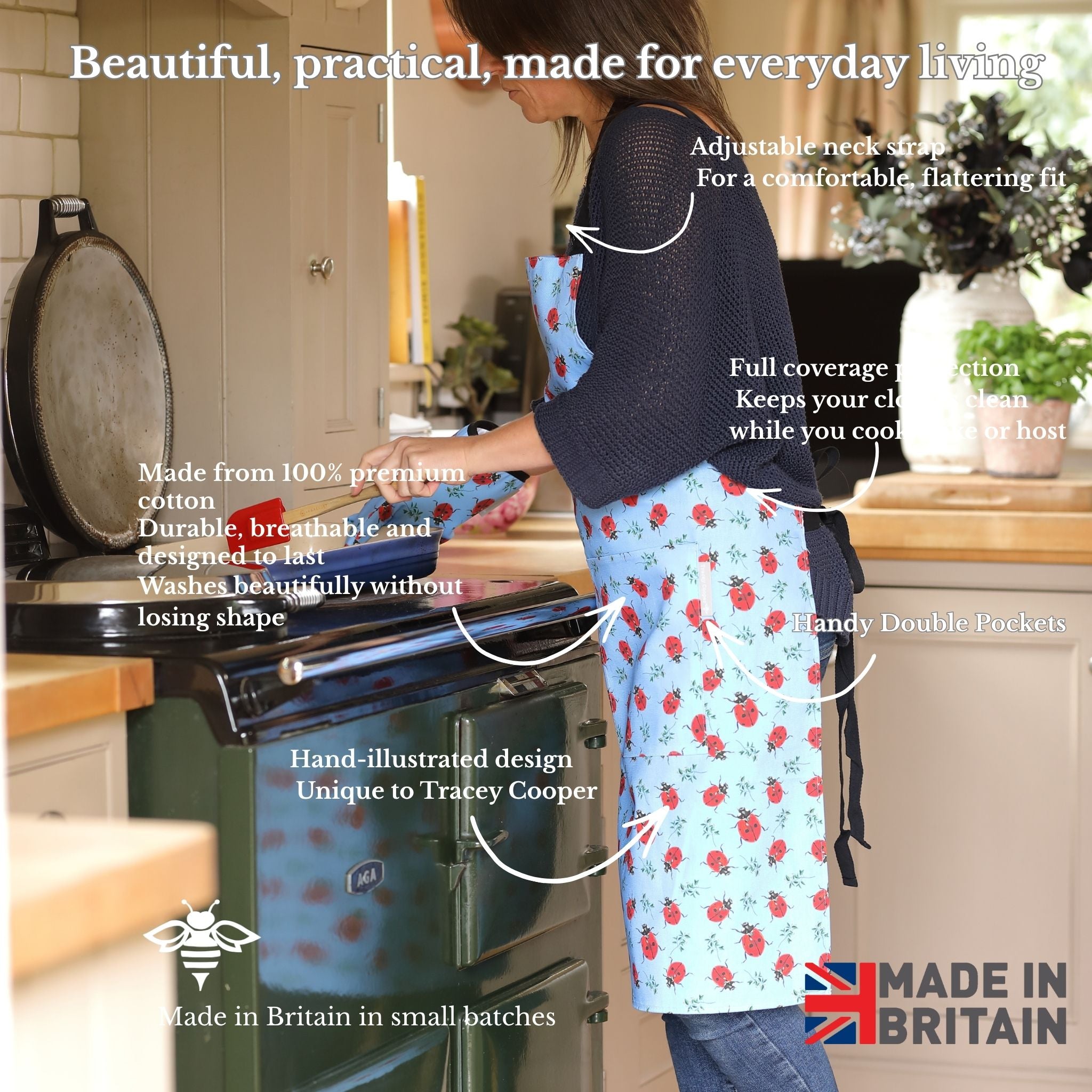 Hand-illustrated Ladybird Apron by Tracey Cooper — 100% cotton, printed in the UK, featuring a detailed Ladybird design on blue with pockets.