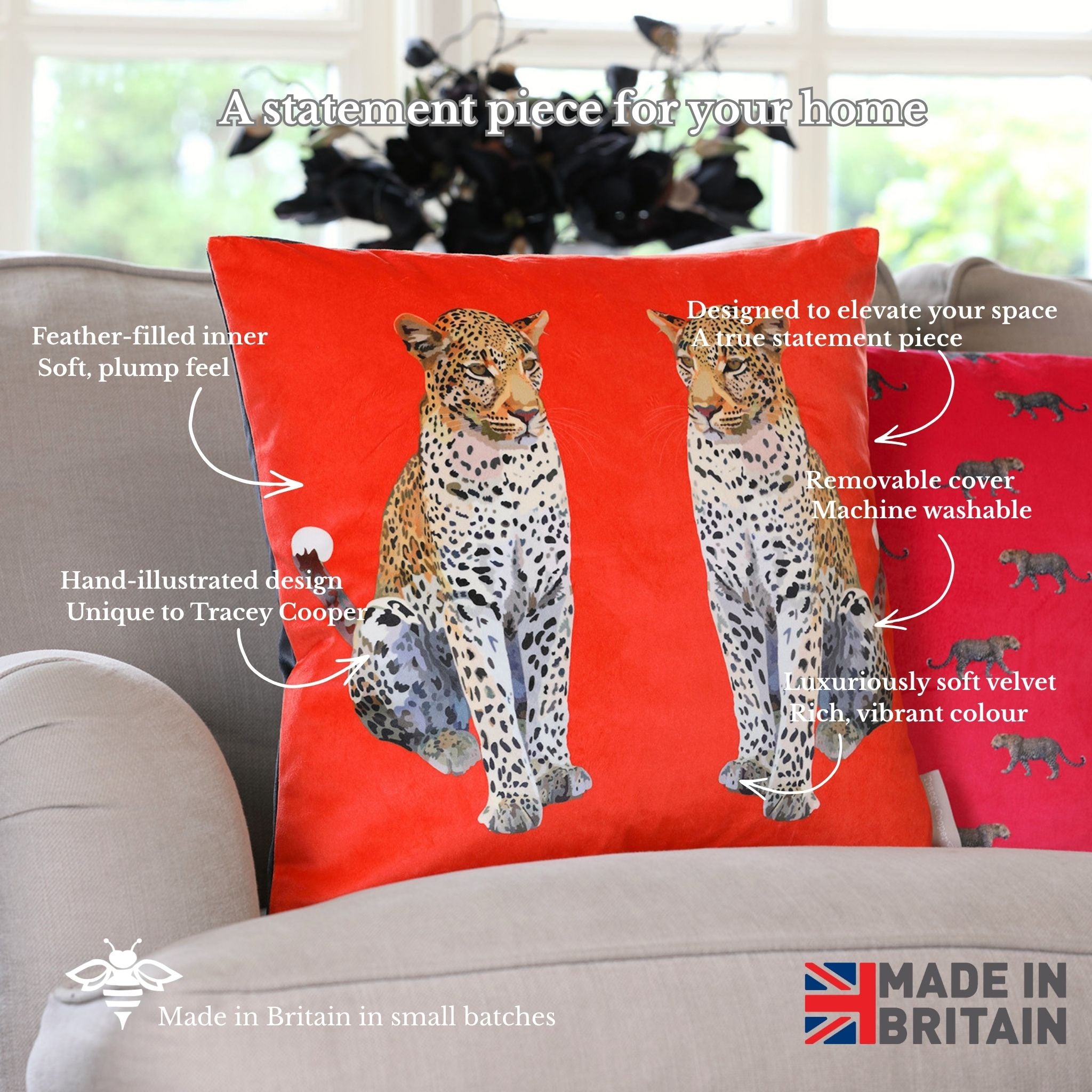 Leopard-themed pillow on a sofa with product features highlighted