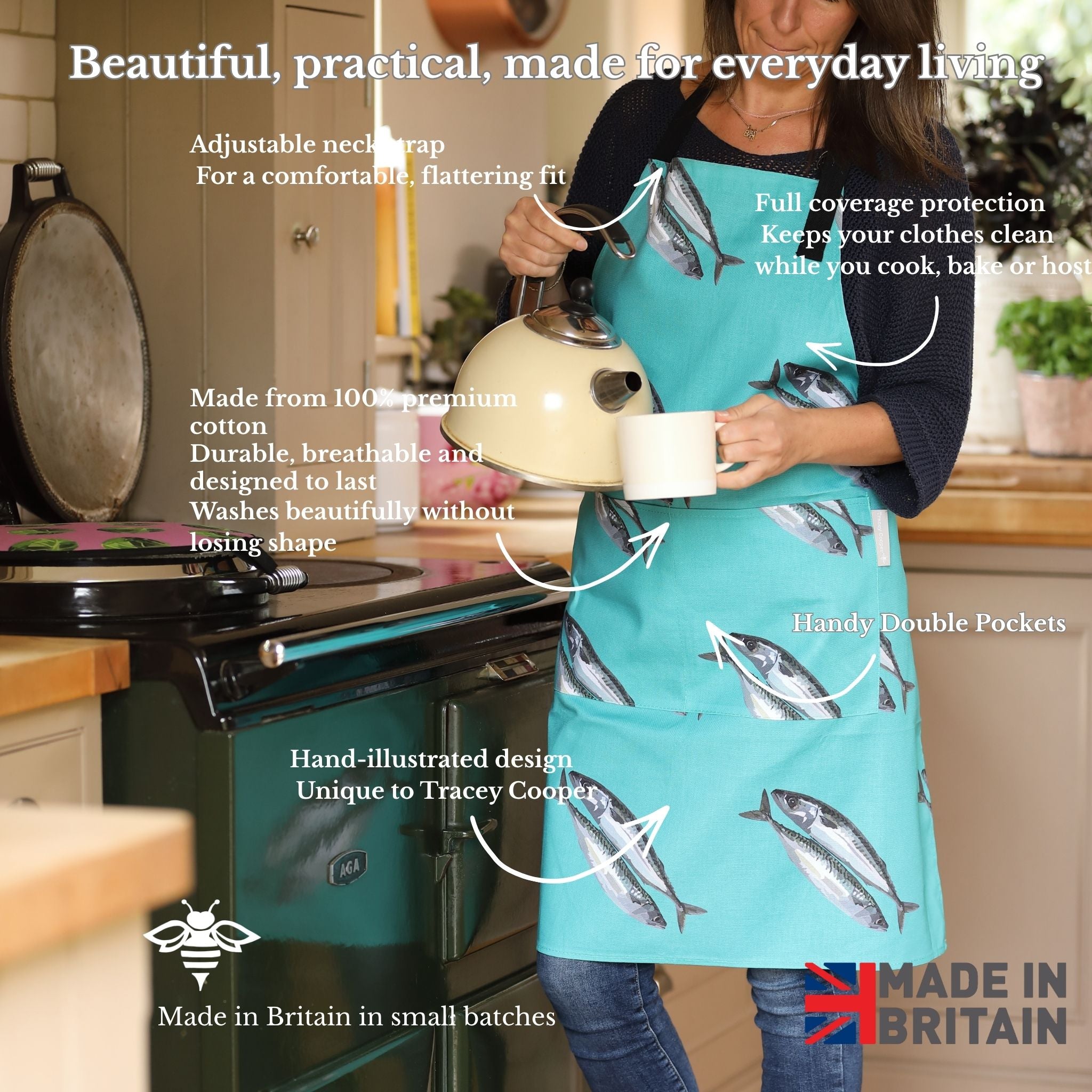 Hand-illustrated Mackerel Apron by Tracey Cooper — 100% cotton, printed in the UK, featuring a detailed Mackerel design on blue with pockets.