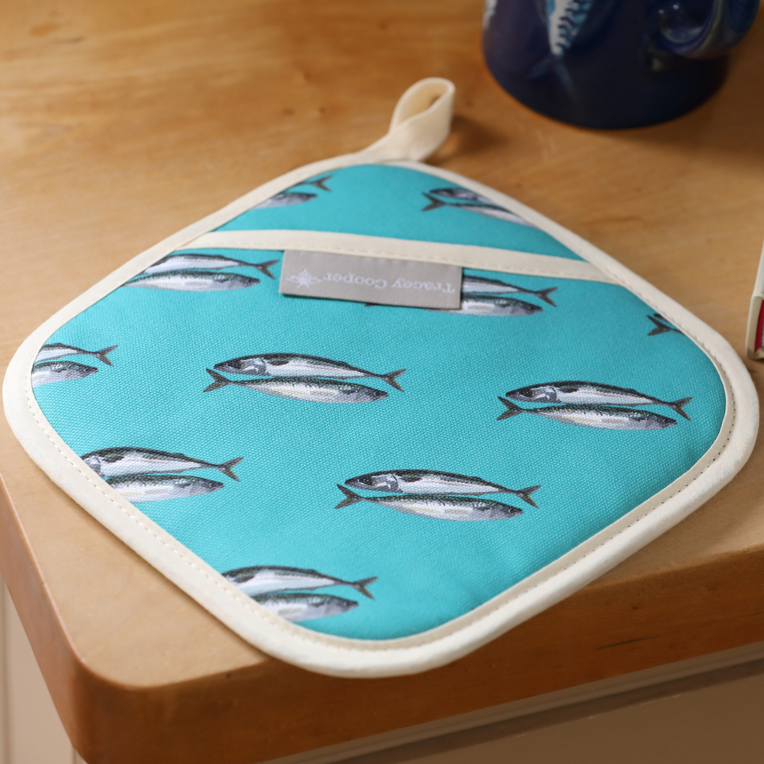 Mackerel pot grab British made coastal kitchen linen