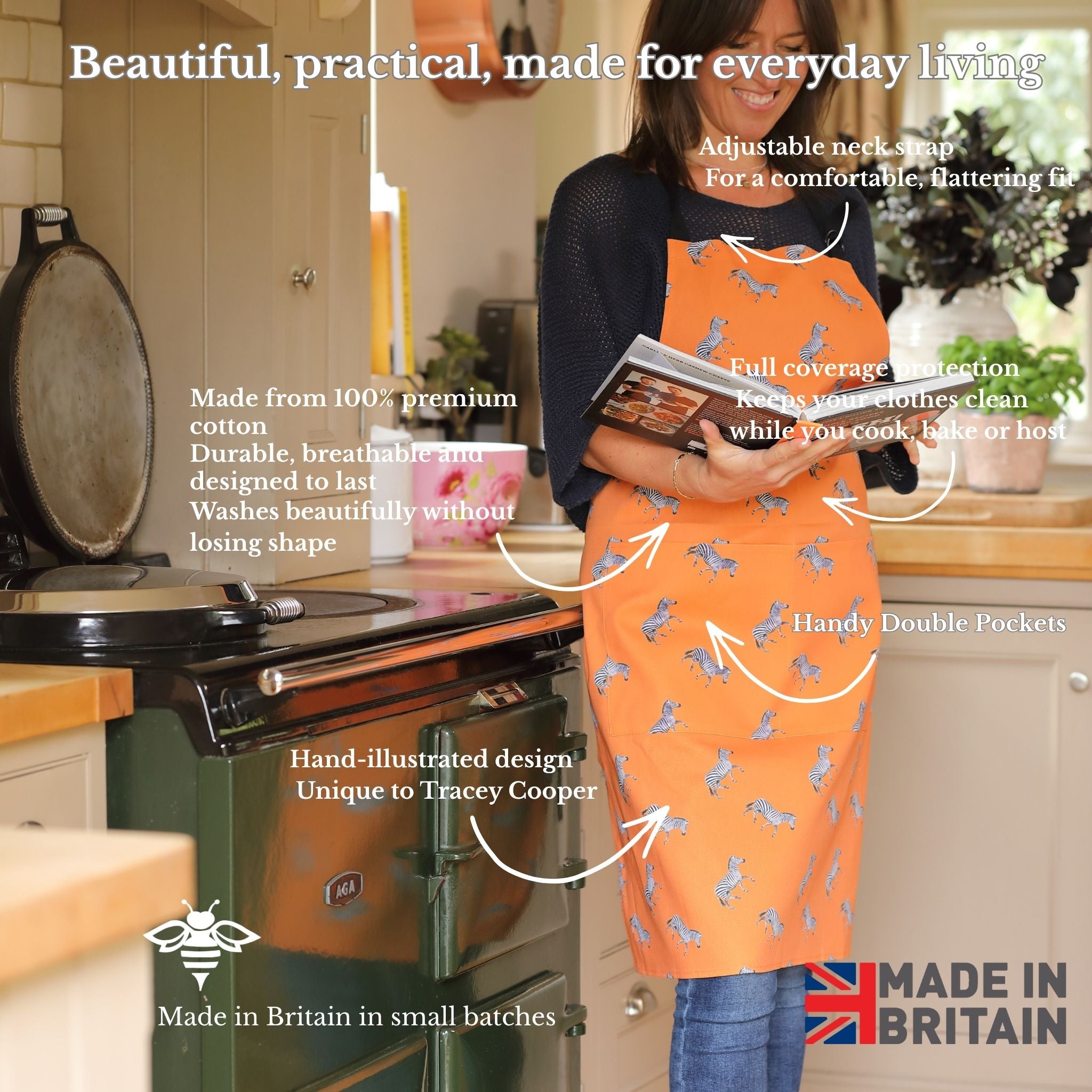 Orange Zebra Apron being worn in a kitchen