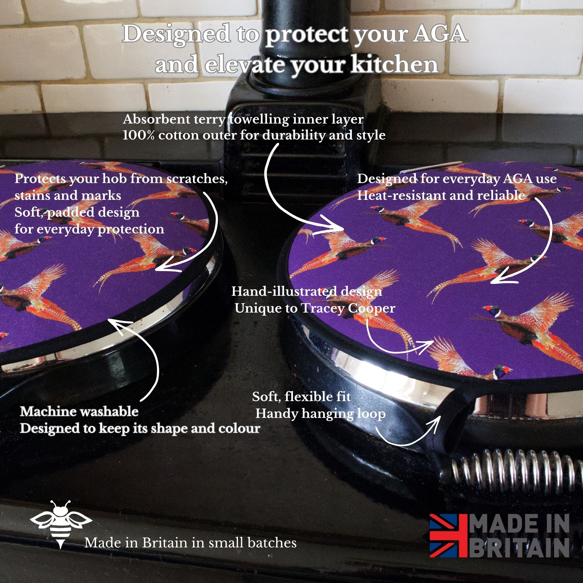 Pheasant Aga Covers with bird design on a kitchen counter, featuring text about their features.