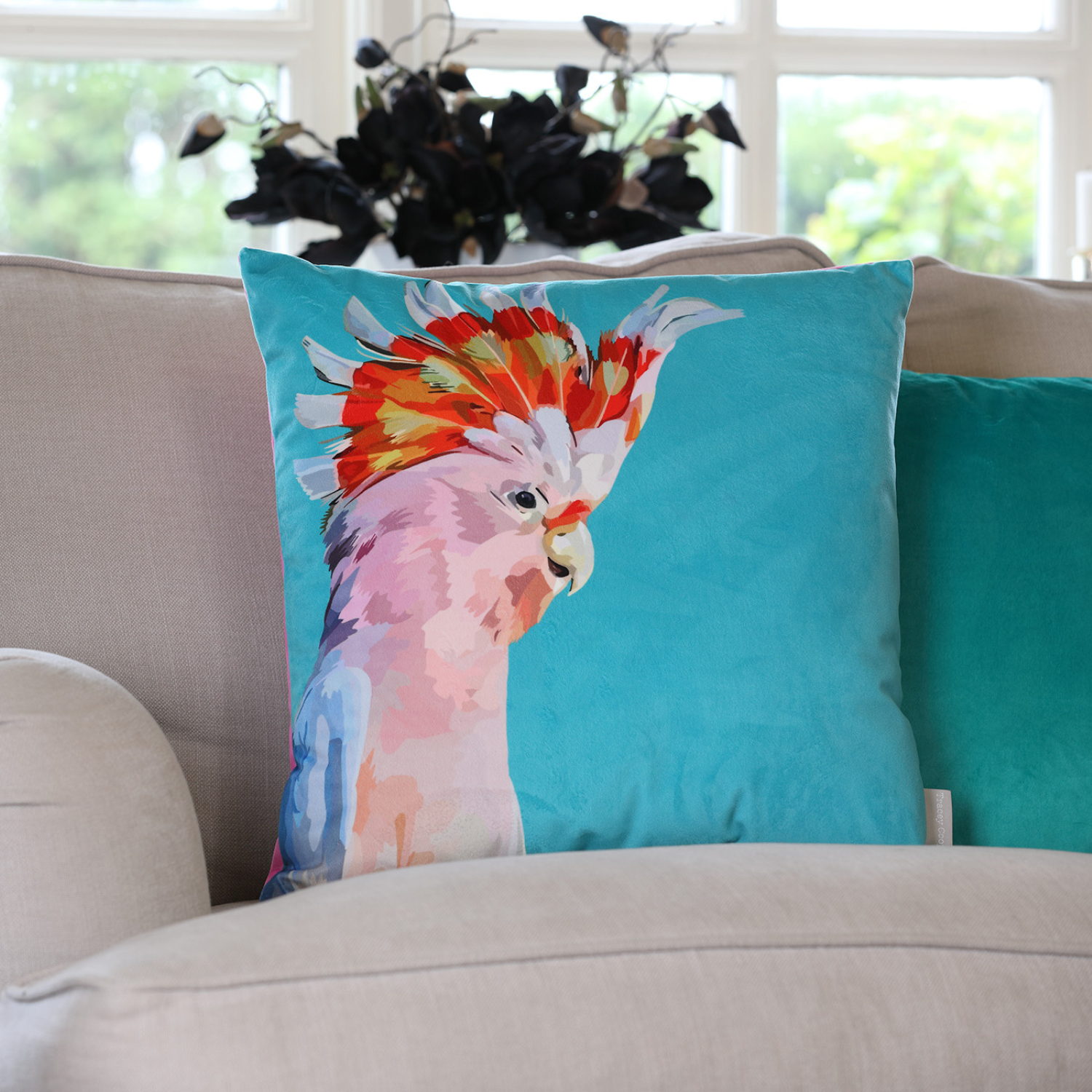 Cockatoo velvet cushion with hand-illustrated Major Mitchell Cockatoo design by Tracey Cooper Homeware