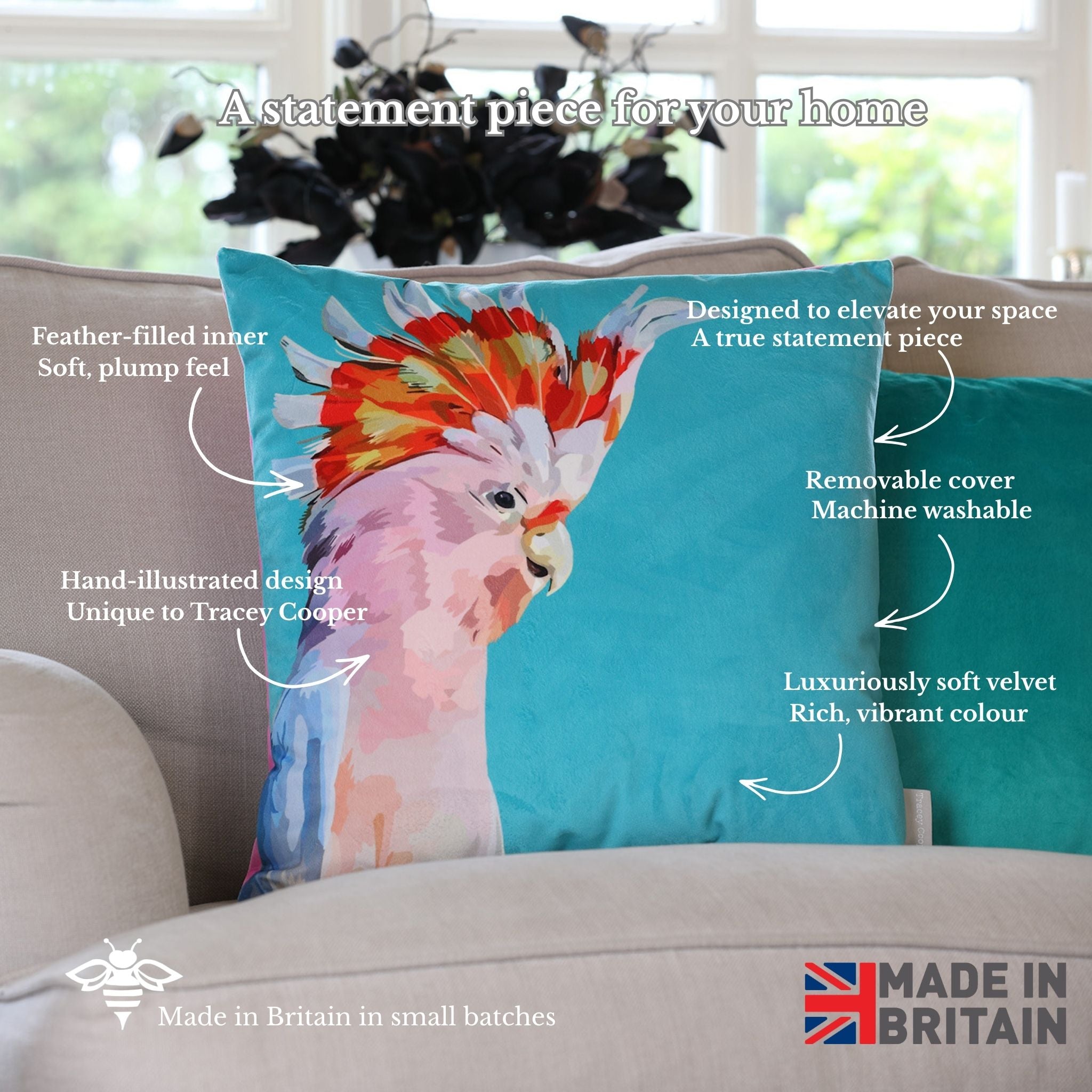 Decorative pillow with a parrot design on a sofa, featuring text about its features.