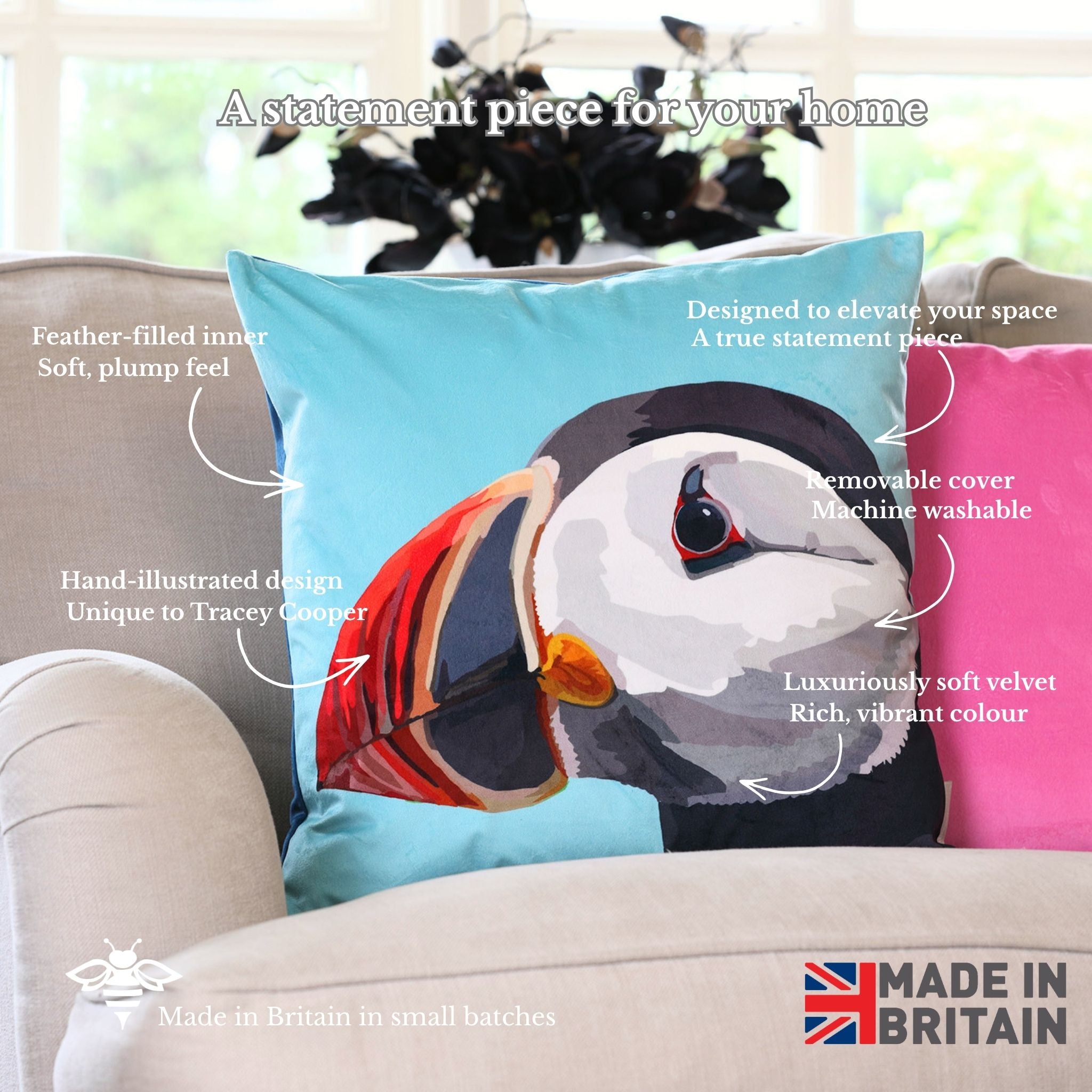 Decorative pillow with puffin design on a sofa, featuring text about product features and 'Made in Britain' label.