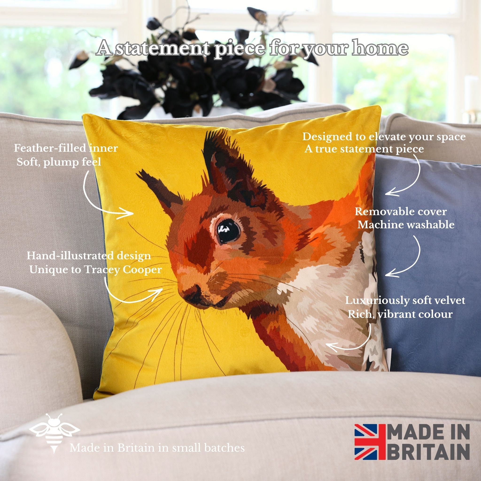 Decorative pillow with a squirrel design on a sofa, featuring text about the product.