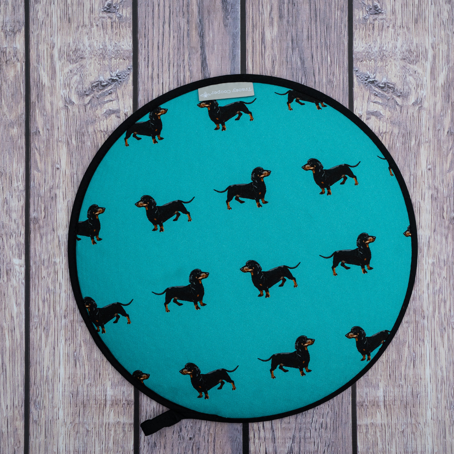 Teal dachshund Aga hob cover with padded cotton and terry towelling backing
