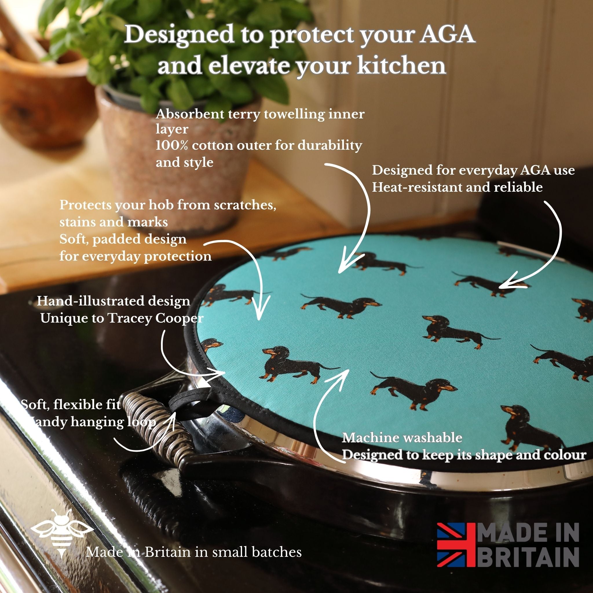 Aga Cover with dachshund design on a kitchen counter, featuring text about its features.