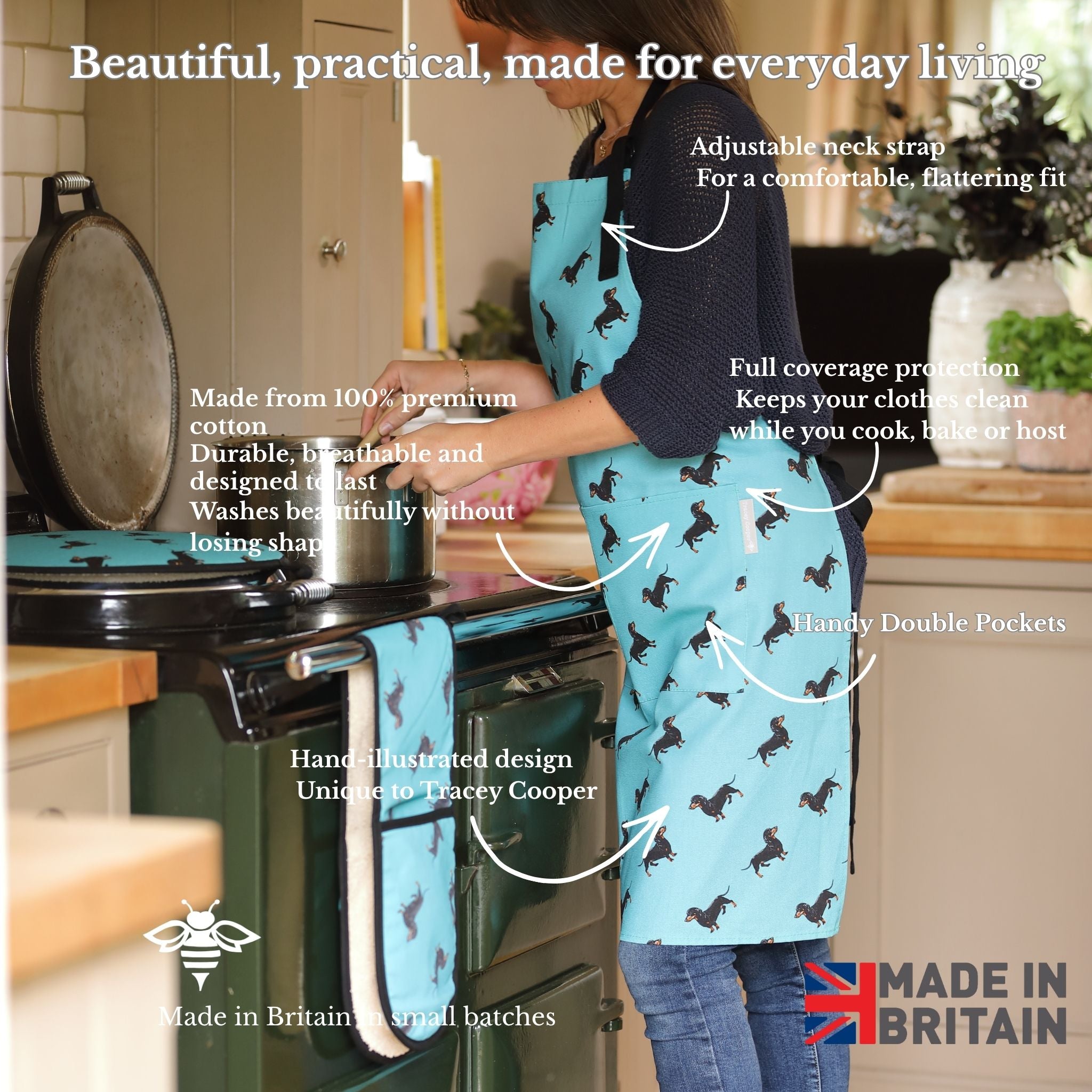 Hand-illustrated Sausage Dog Apron by Tracey Cooper — 100% cotton, printed in the UK, featuring a detailed Sausage design on teal with pockets.
