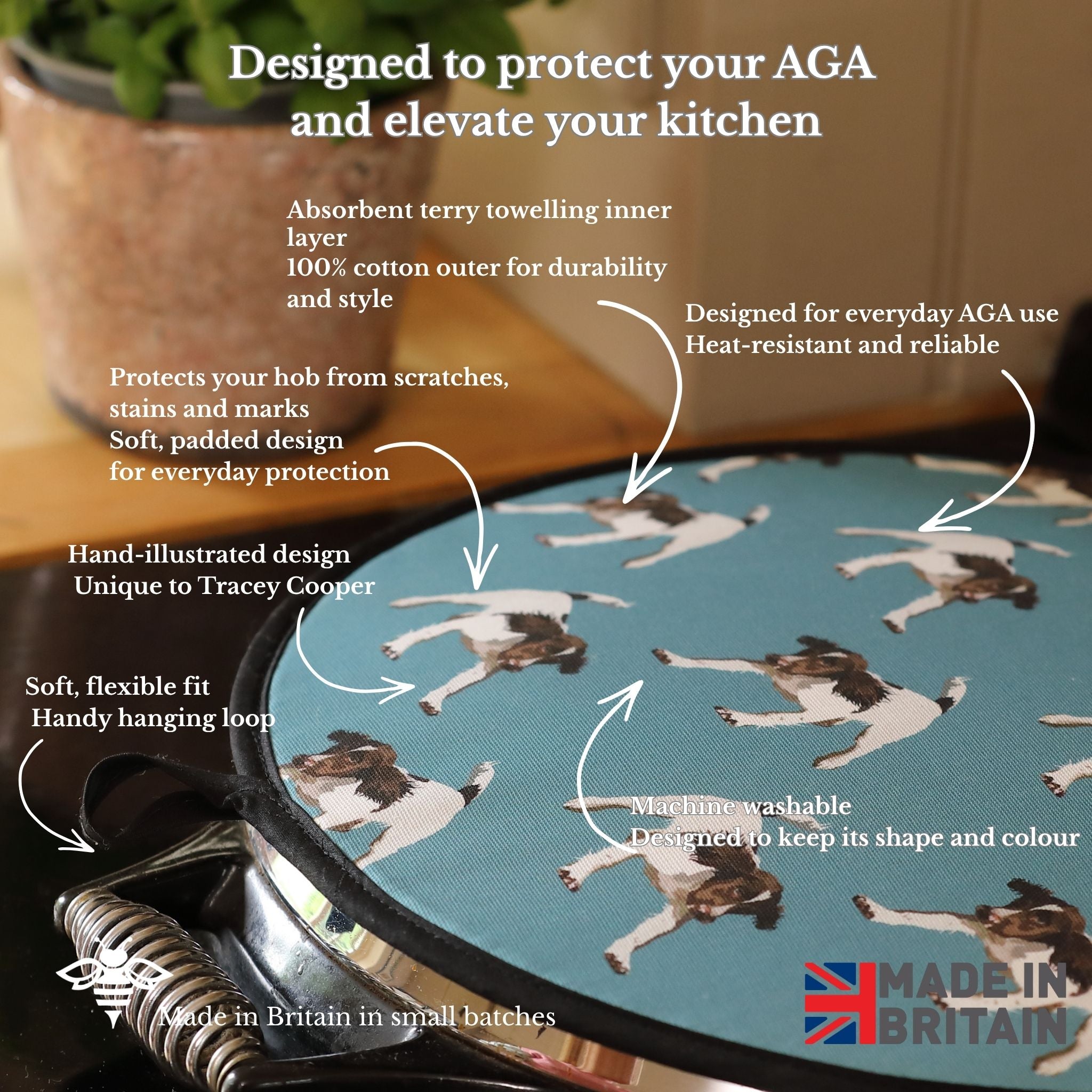 Dog-patterned AGA cover with features highlighted on a kitchen background