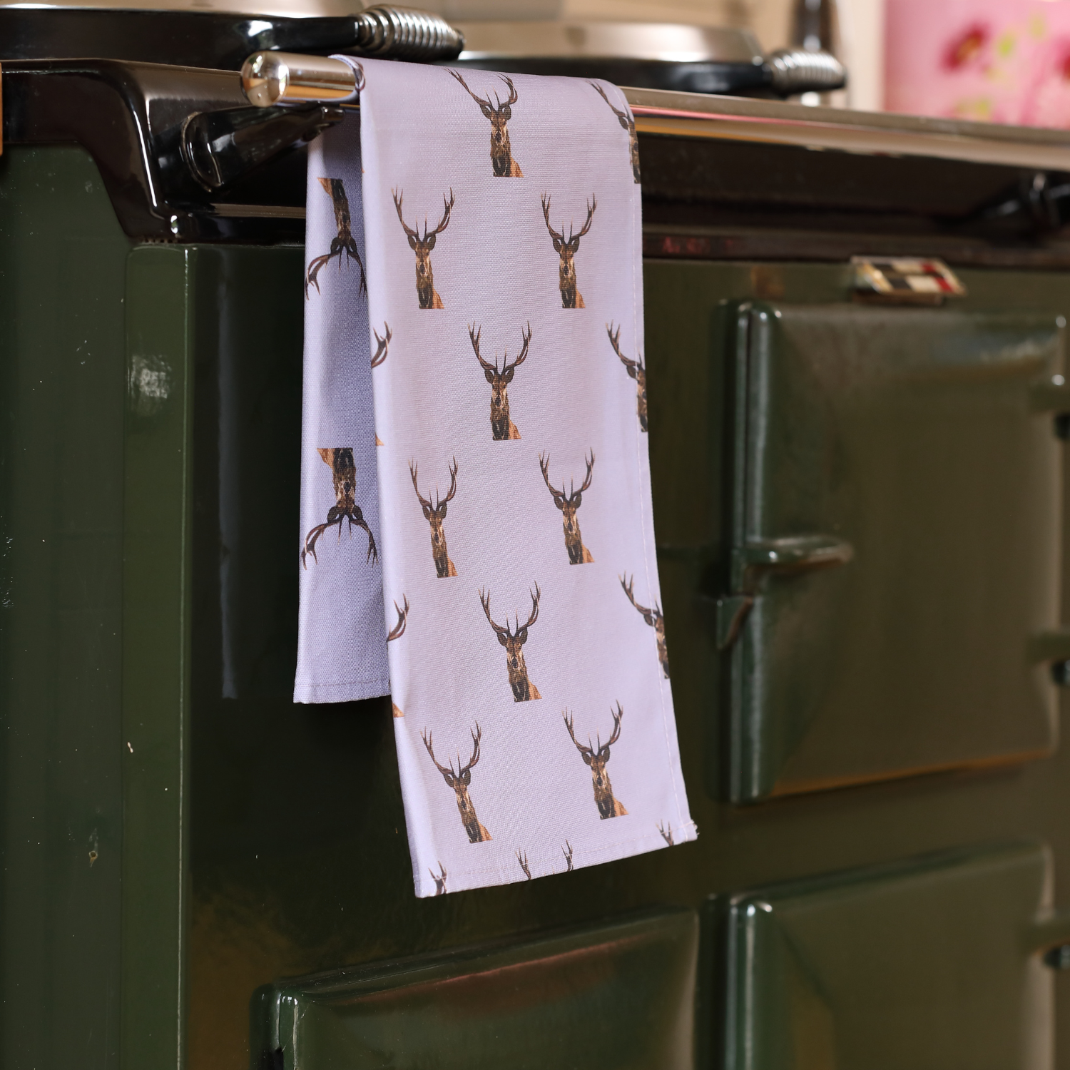 Hand-illustrated Stag Tea Towel by Tracey Cooper — 100% cotton, printed in the UK, featuring a detailed stag design inspired by British wildlife.