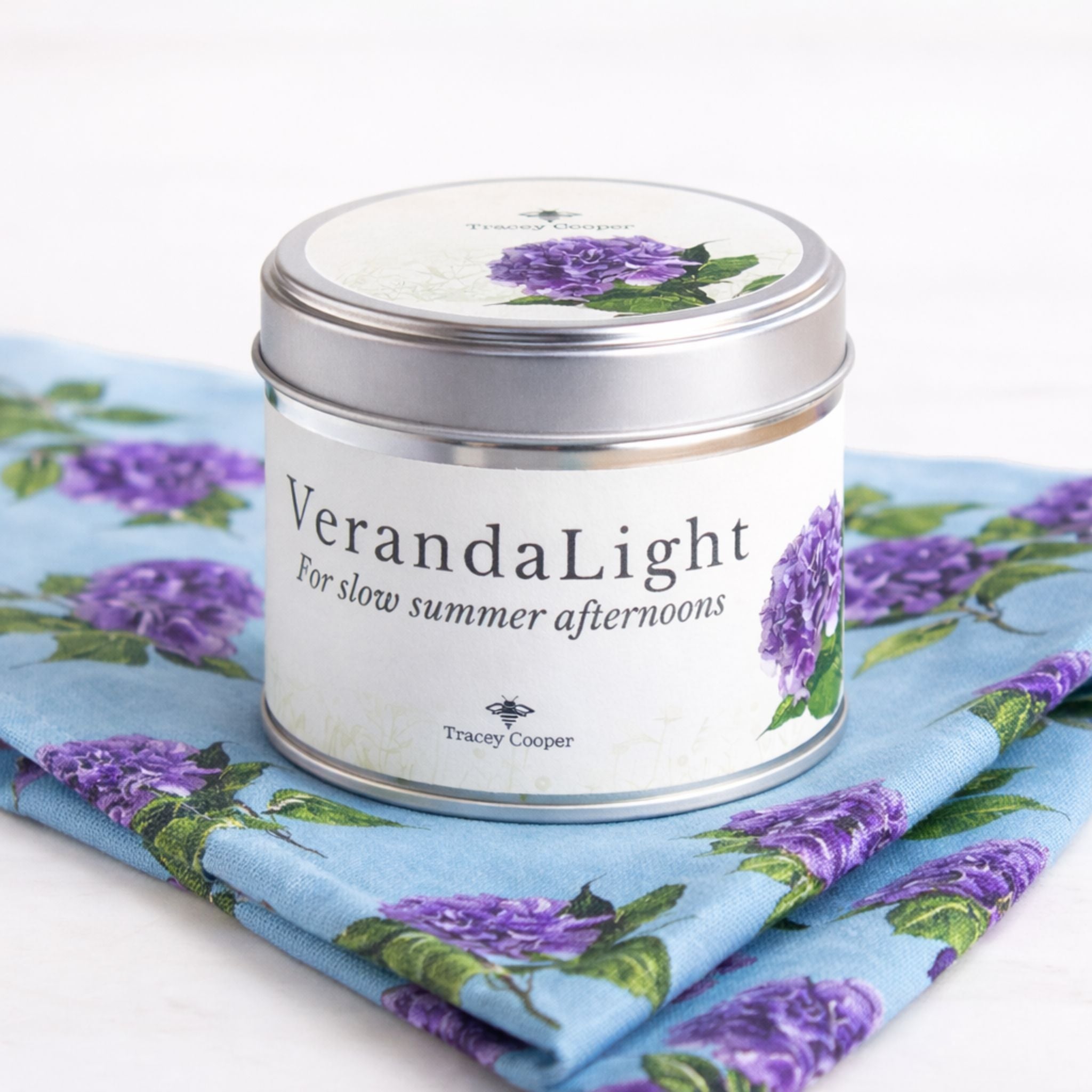 VerandaLight candle with hydrangea print tea towel gift set by Tracey Cooper