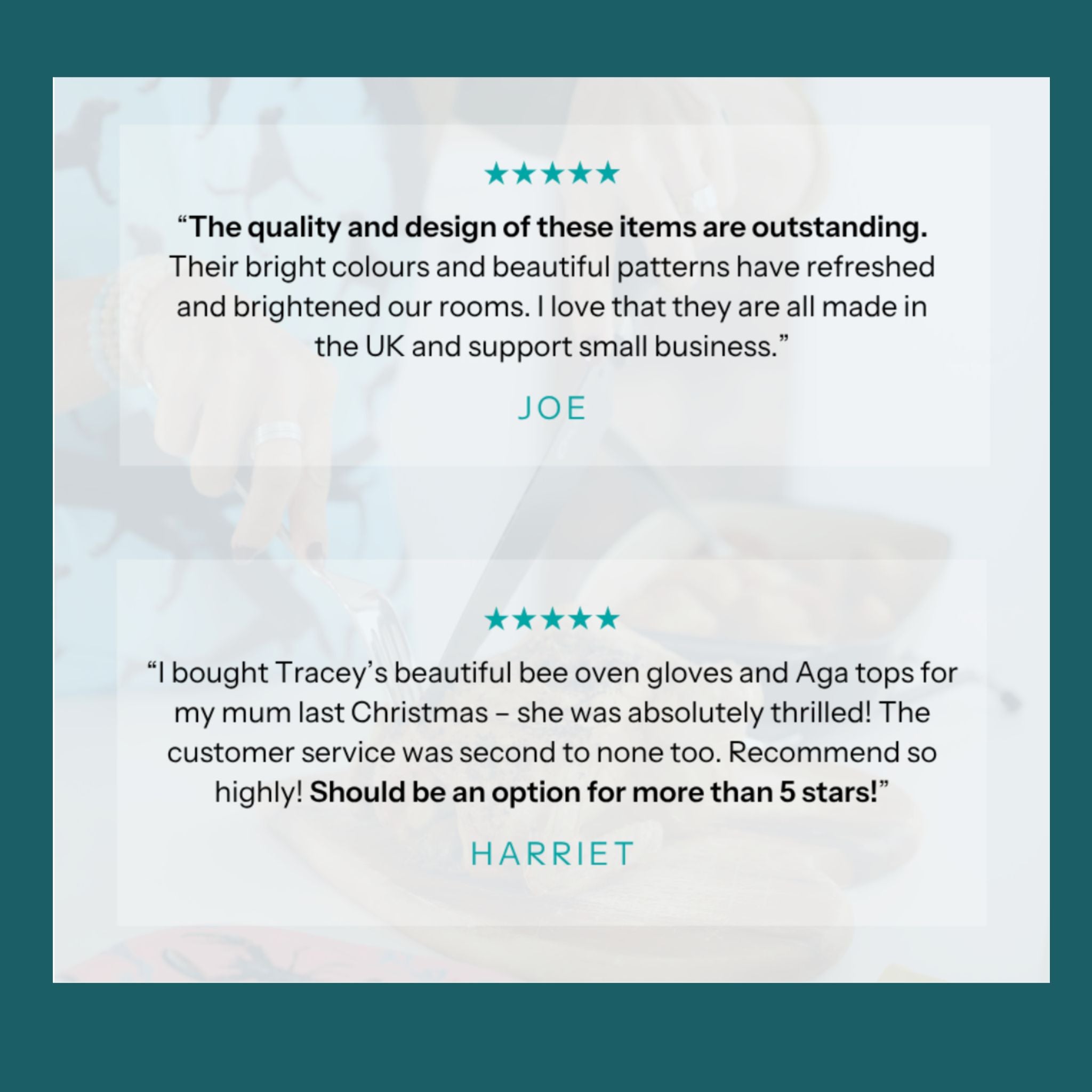 Product reviews with customer names and text on a light background