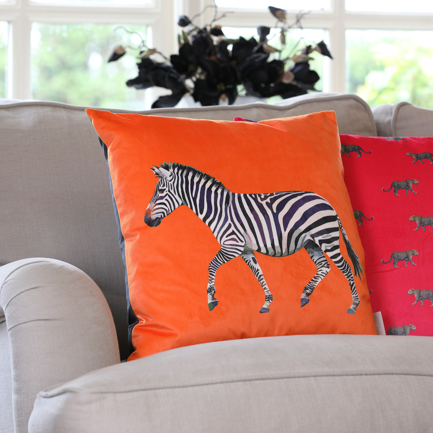 Zebra velvet cushion with hand-illustrated African zebra design by Tracey Cooper Homeware