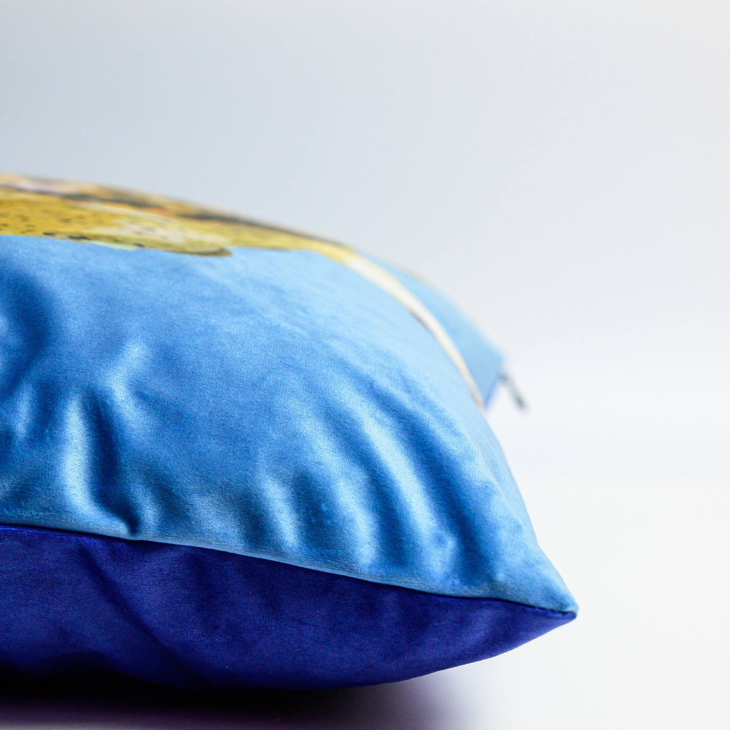 A velvet cushion featuring a printed image of an owl on a blue background, placed on a sofa. Side view