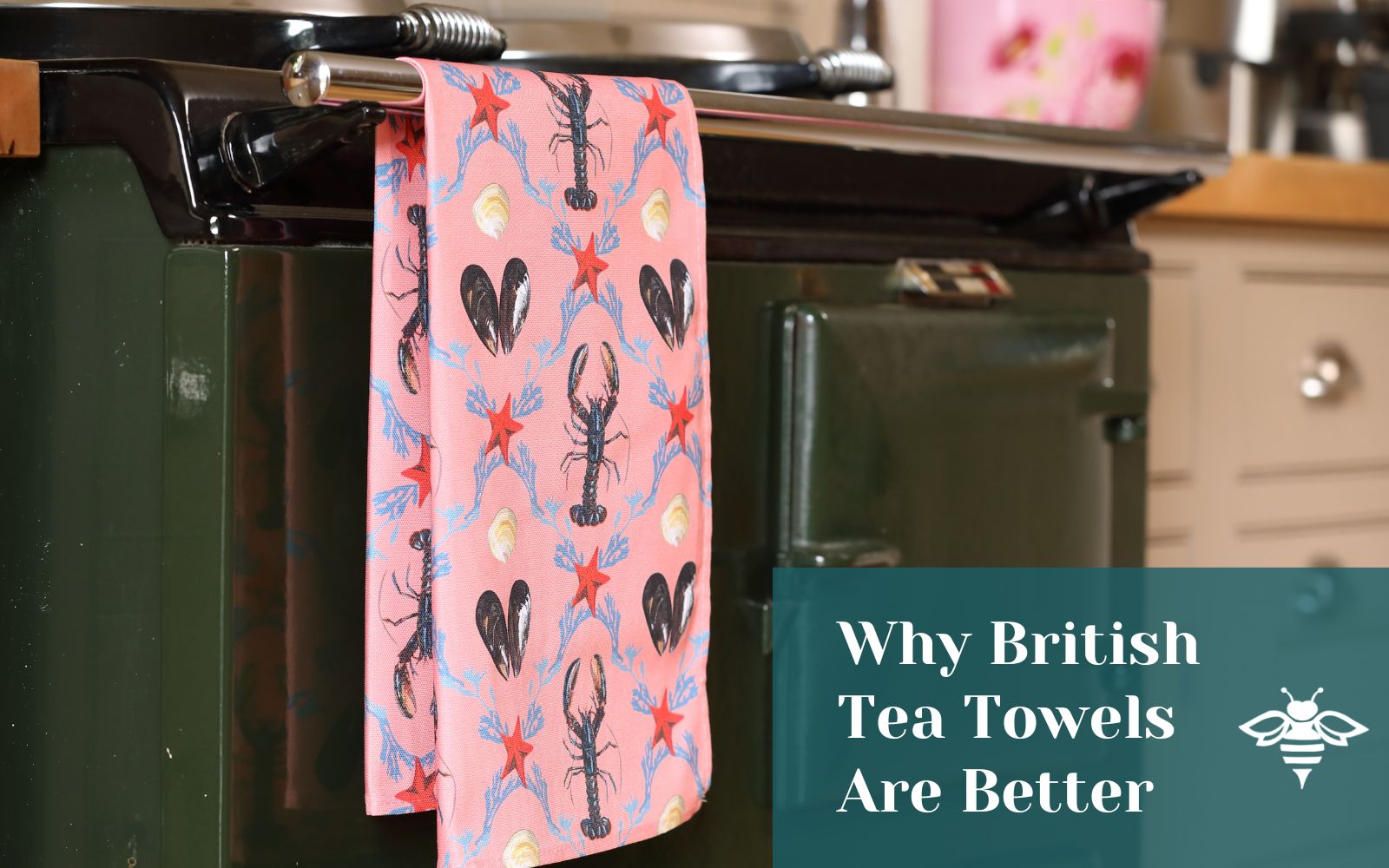 British-made cotton tea towels hanging in a country kitchen