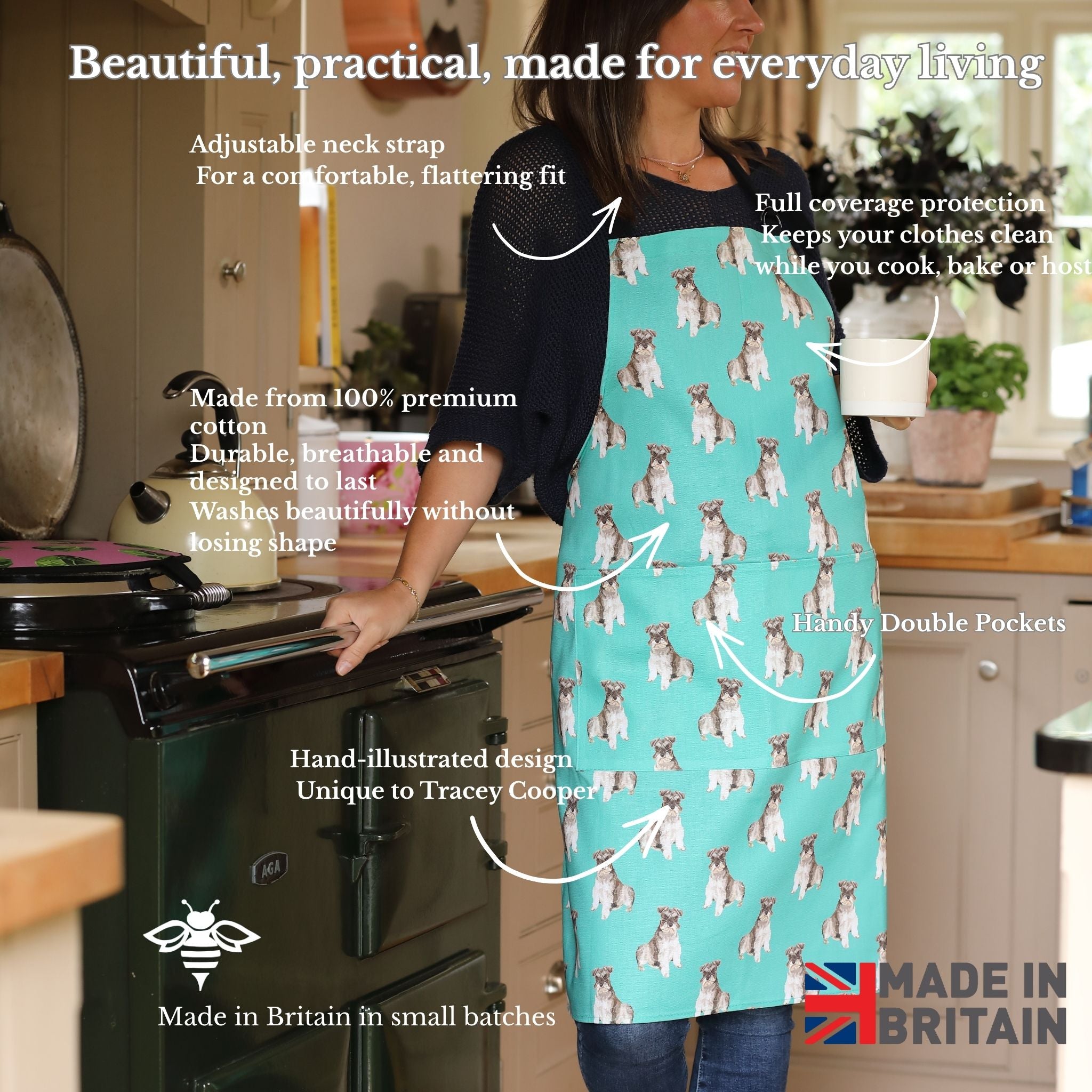 Hand-illustrated Schnauzer Apron by Tracey Cooper — 100% cotton, printed in the UK, featuring a detailed Schnauzer design on green with pockets.