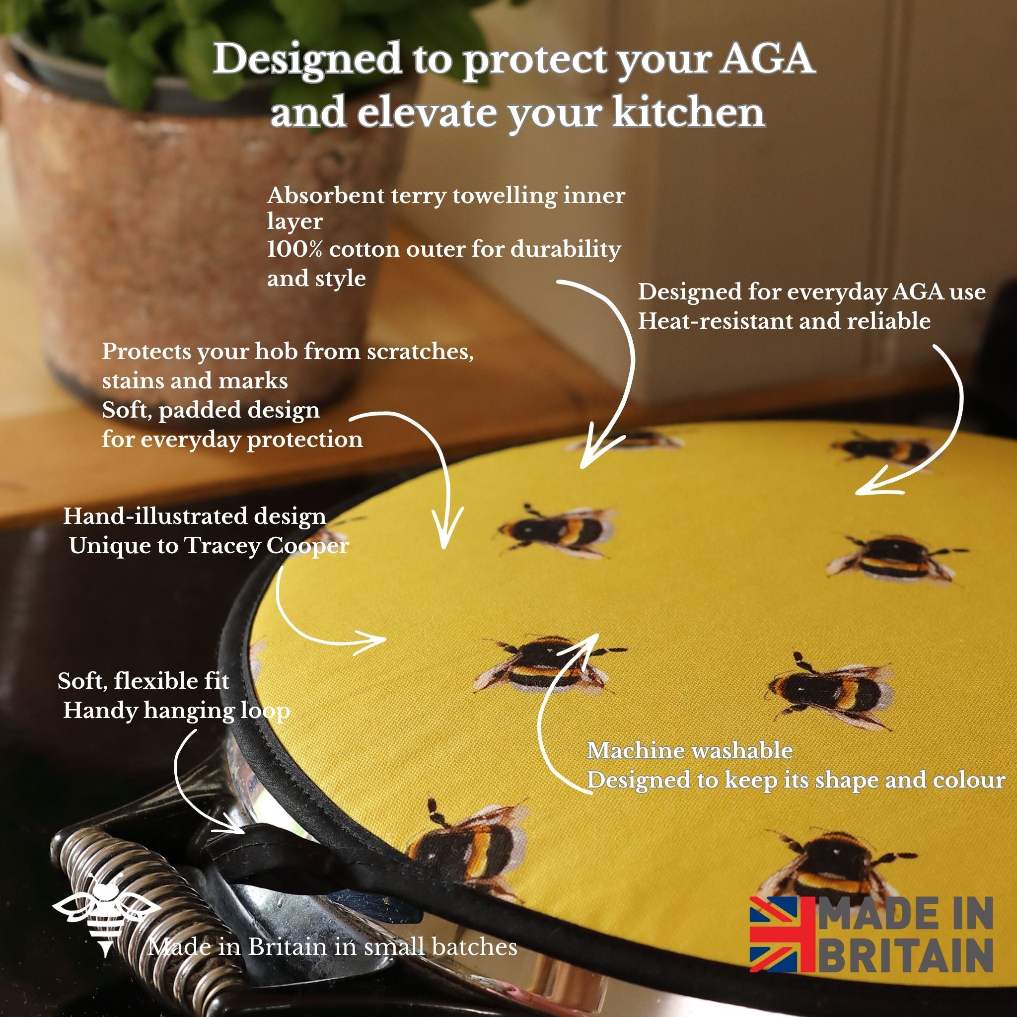 Yellow Aga Cover with bee design on a kitchen counter, featuring text about its features.
