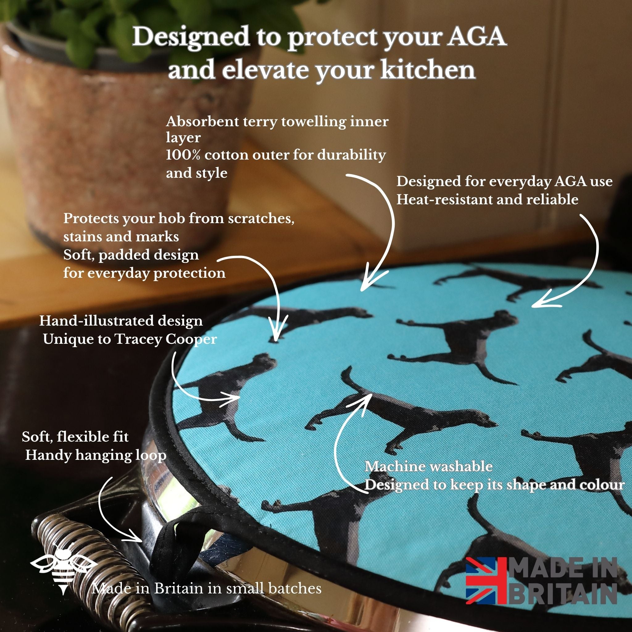 Blue Aga Cover with black dog pattern on a kitchen counter, featuring text about its features.