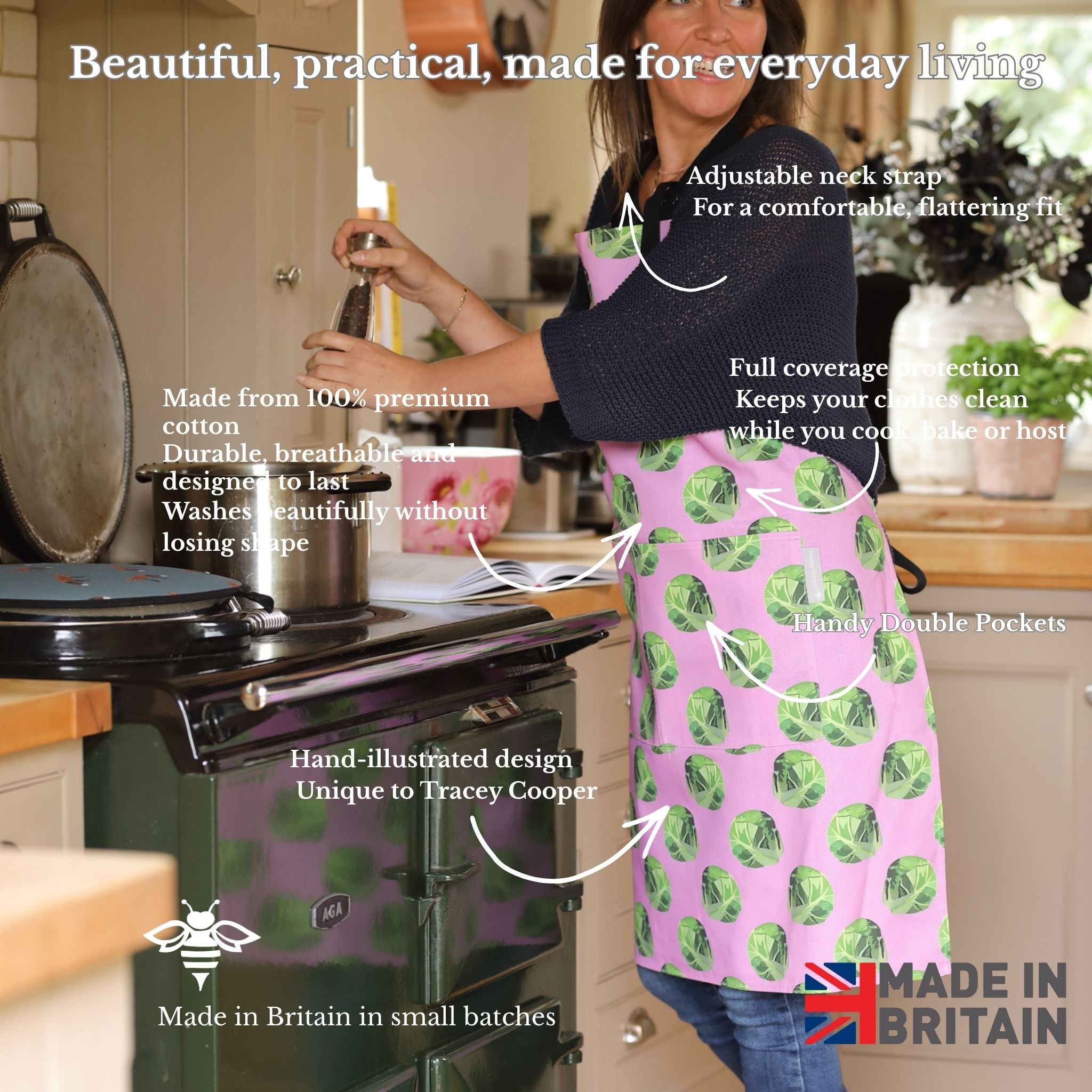 Hand-illustrated Sprout Apron by Tracey Cooper — 100% cotton, printed in the UK, featuring a detailed Sprout design on pink with pockets.