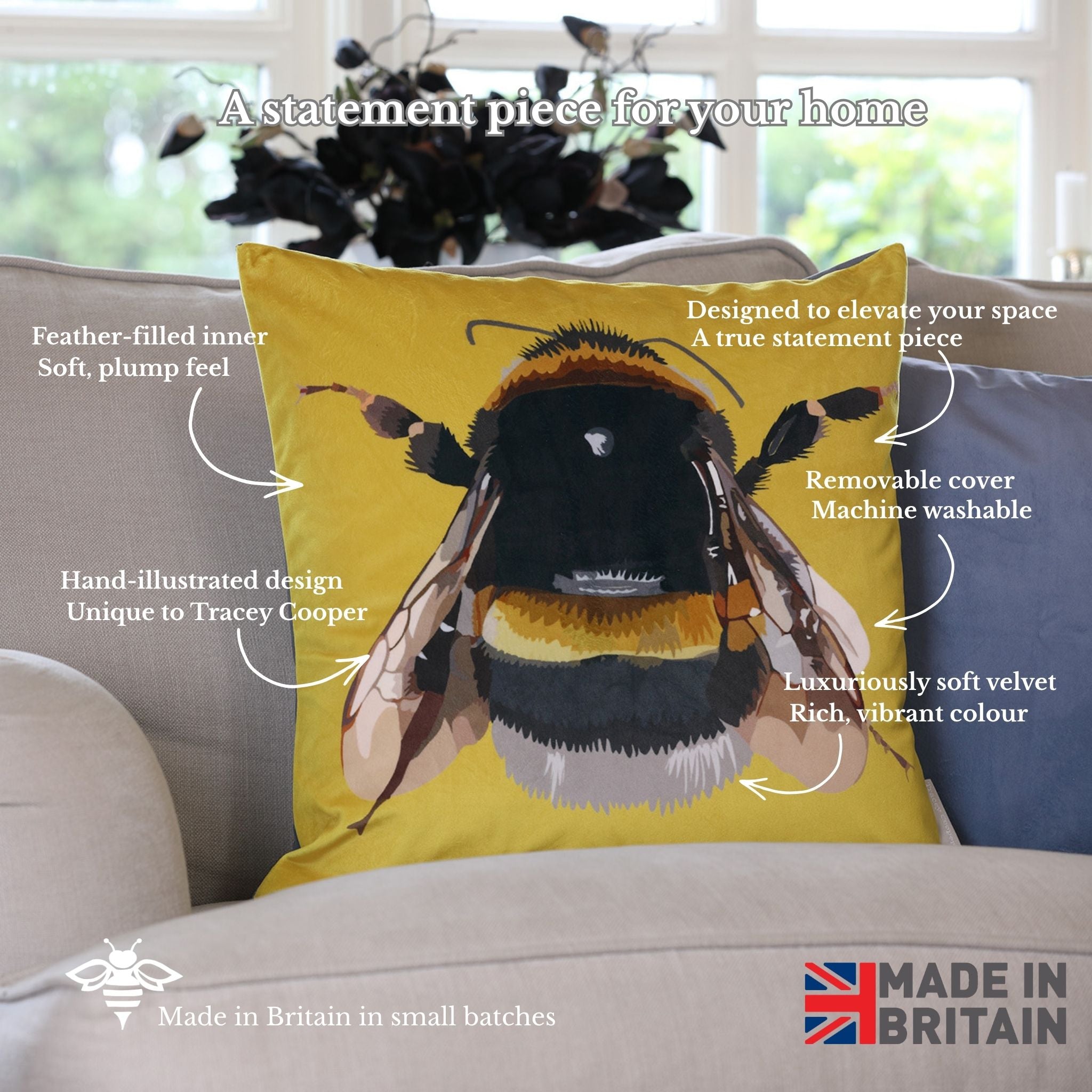 Yellow pillow with bee design on a sofa, featuring text about product details and 'Made in Britain' label.